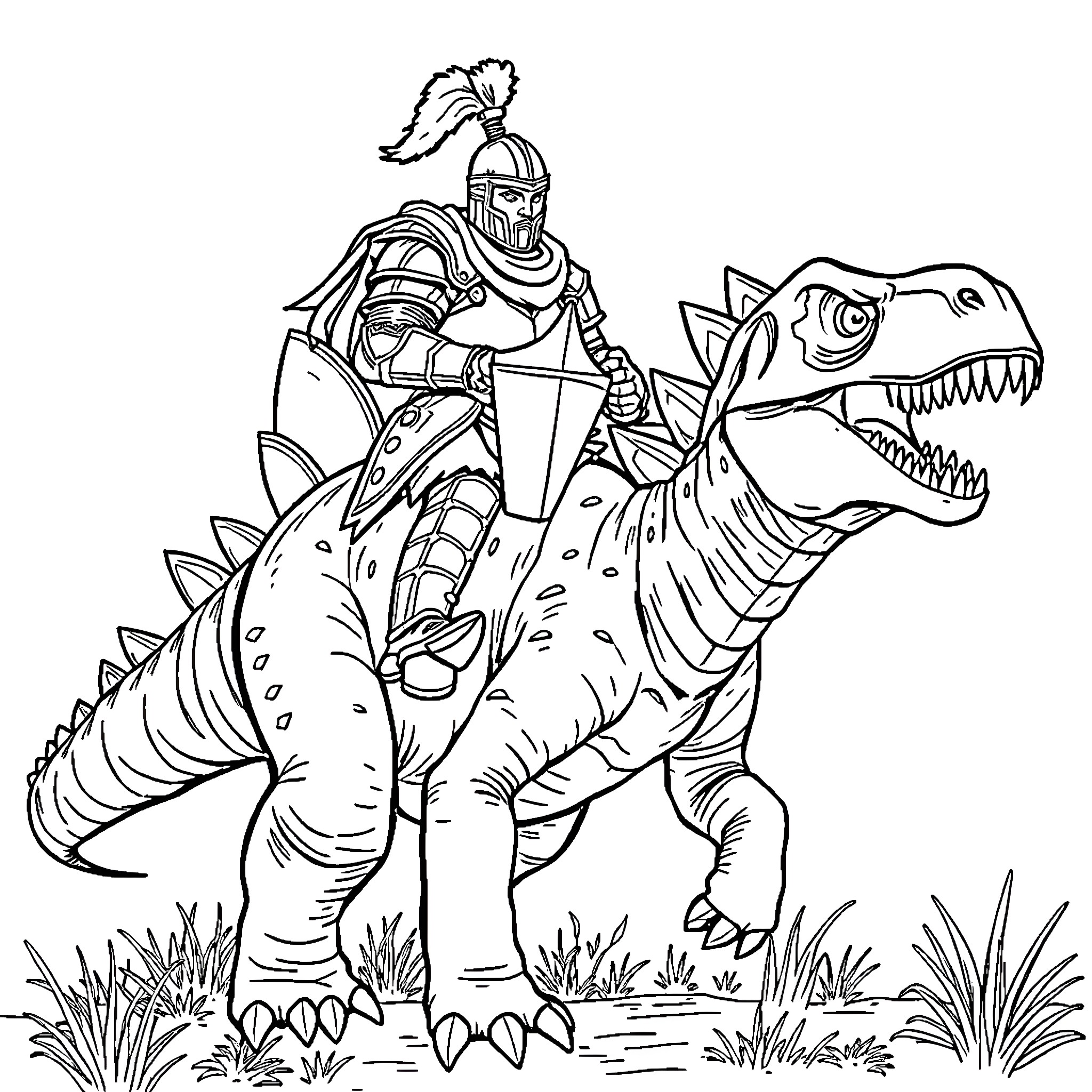 Knight riding a fierce dinosaur in battle Coloring Page (free black-and-white line drawing printable PDF for all, from beginners to advanced learners, including children, teens, adults, and seniors)