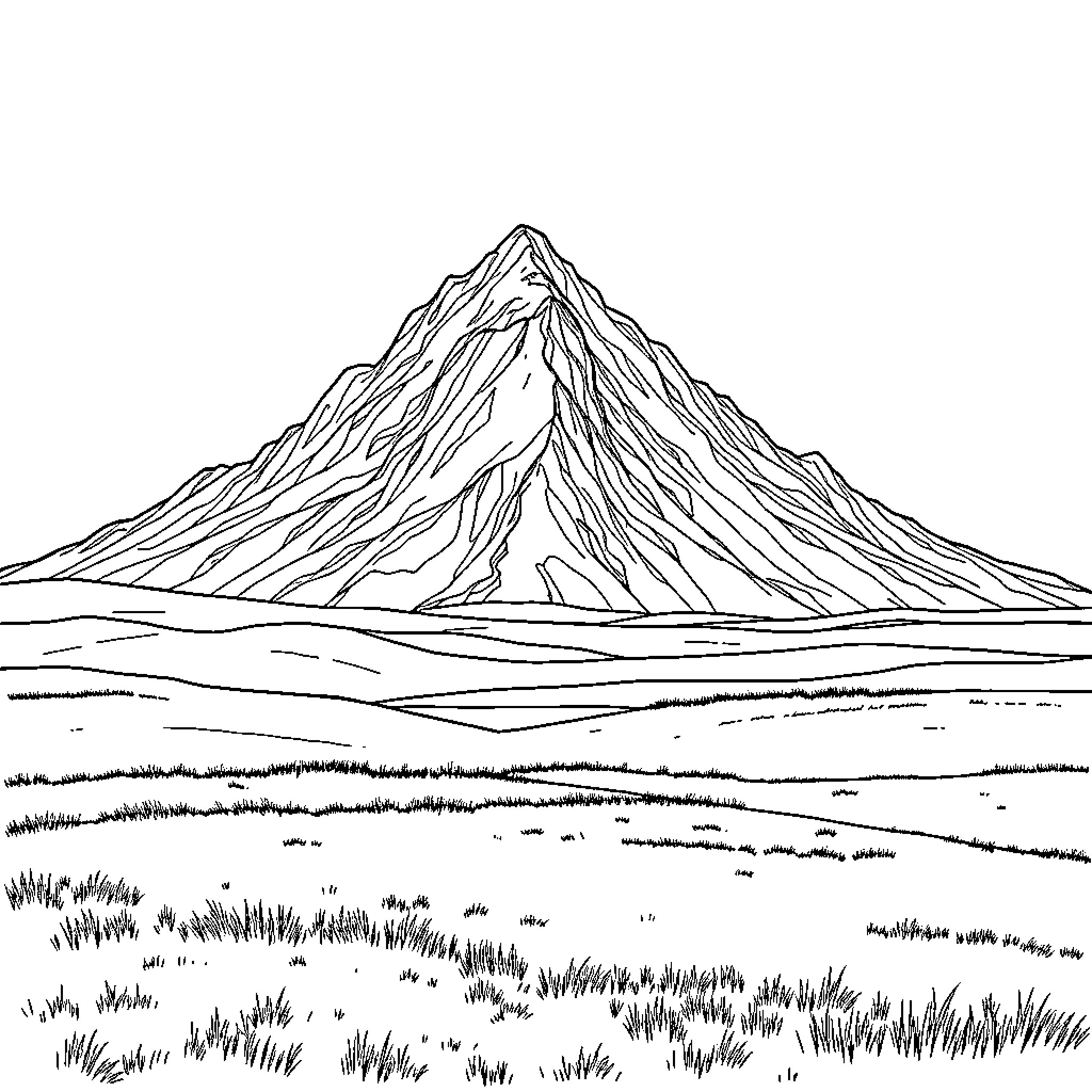 Mountain landscape with rugged peak Coloring Page (free black-and-white line drawing printable PDF for all, from beginners to advanced learners, including children, teens, adults, and seniors)