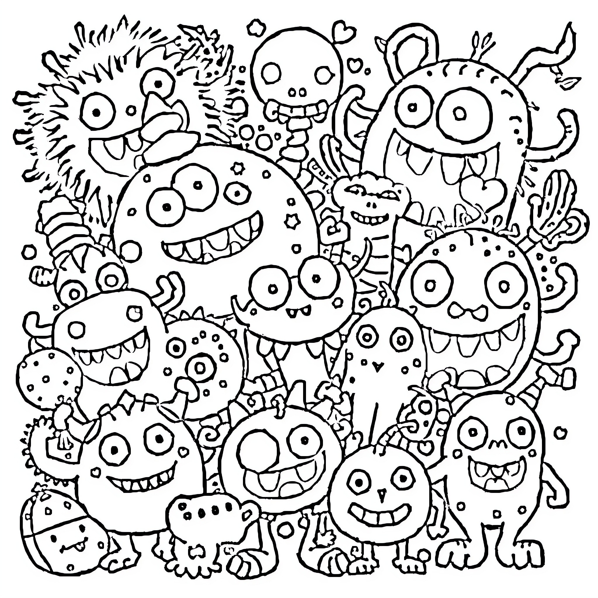 Monster Friends Having Fun Coloring Page (free black-and-white line drawing printable PDF for all, from beginners to advanced learners, including children, teens, adults, and seniors)