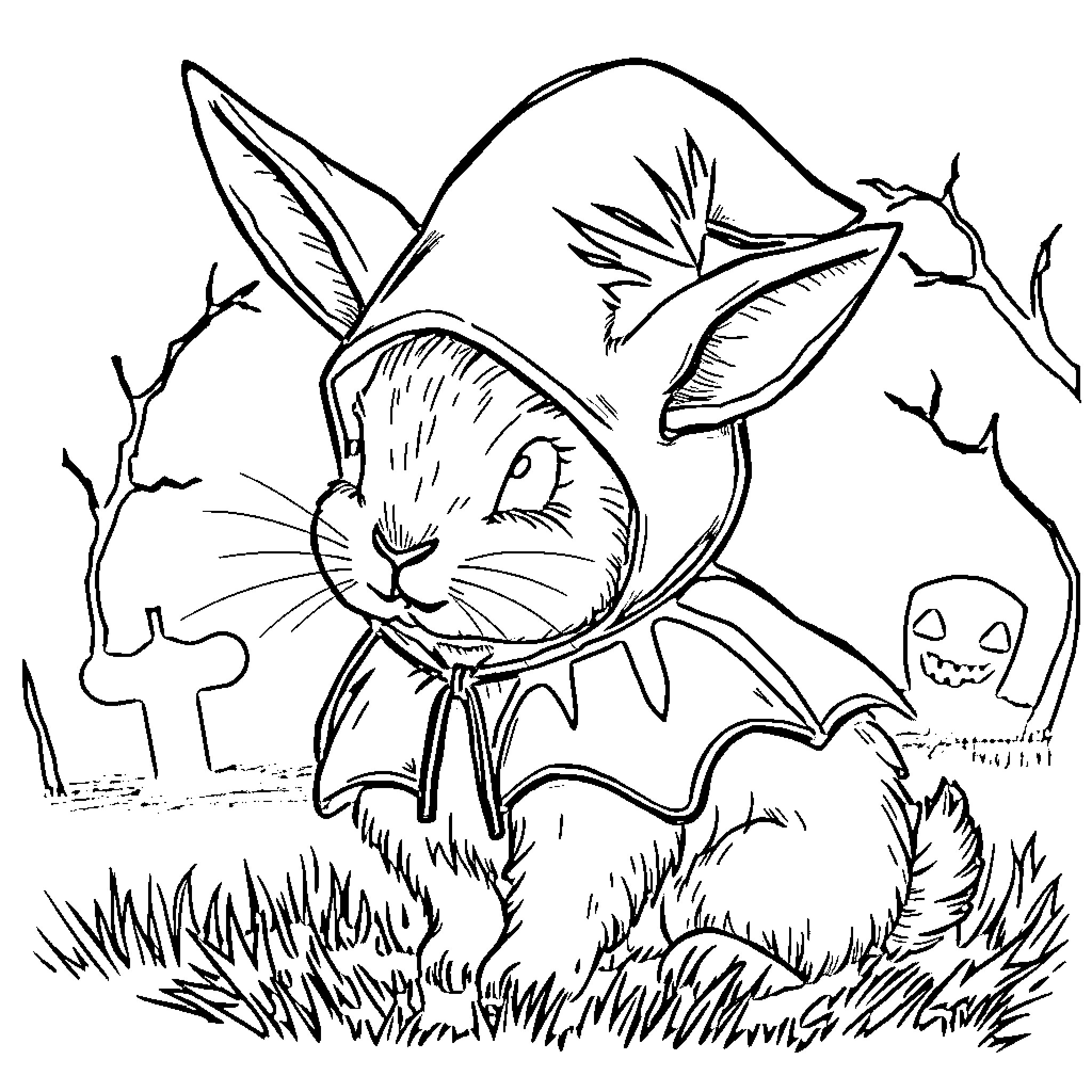 Rabbit in Halloween costume exploring spooky forest Coloring Page (free black-and-white line drawing printable PDF for all, from beginners to advanced learners, including children, teens, adults, and seniors)