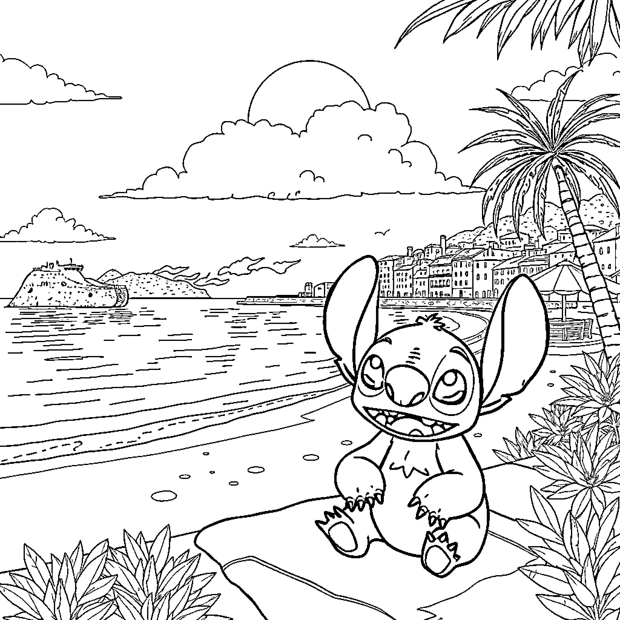 Lilo explores the tropical beach scene Coloring Page (free black-and-white line drawing printable PDF for all, from beginners to advanced learners, including children, teens, adults, and seniors)