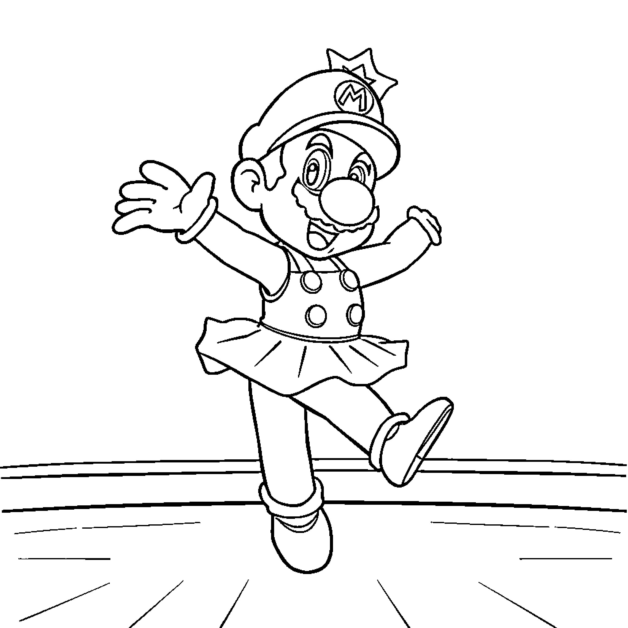 Super Mario Jumping with Joy Coloring Page (free black-and-white line drawing printable PDF for all, from beginners to advanced learners, including children, teens, adults, and seniors)