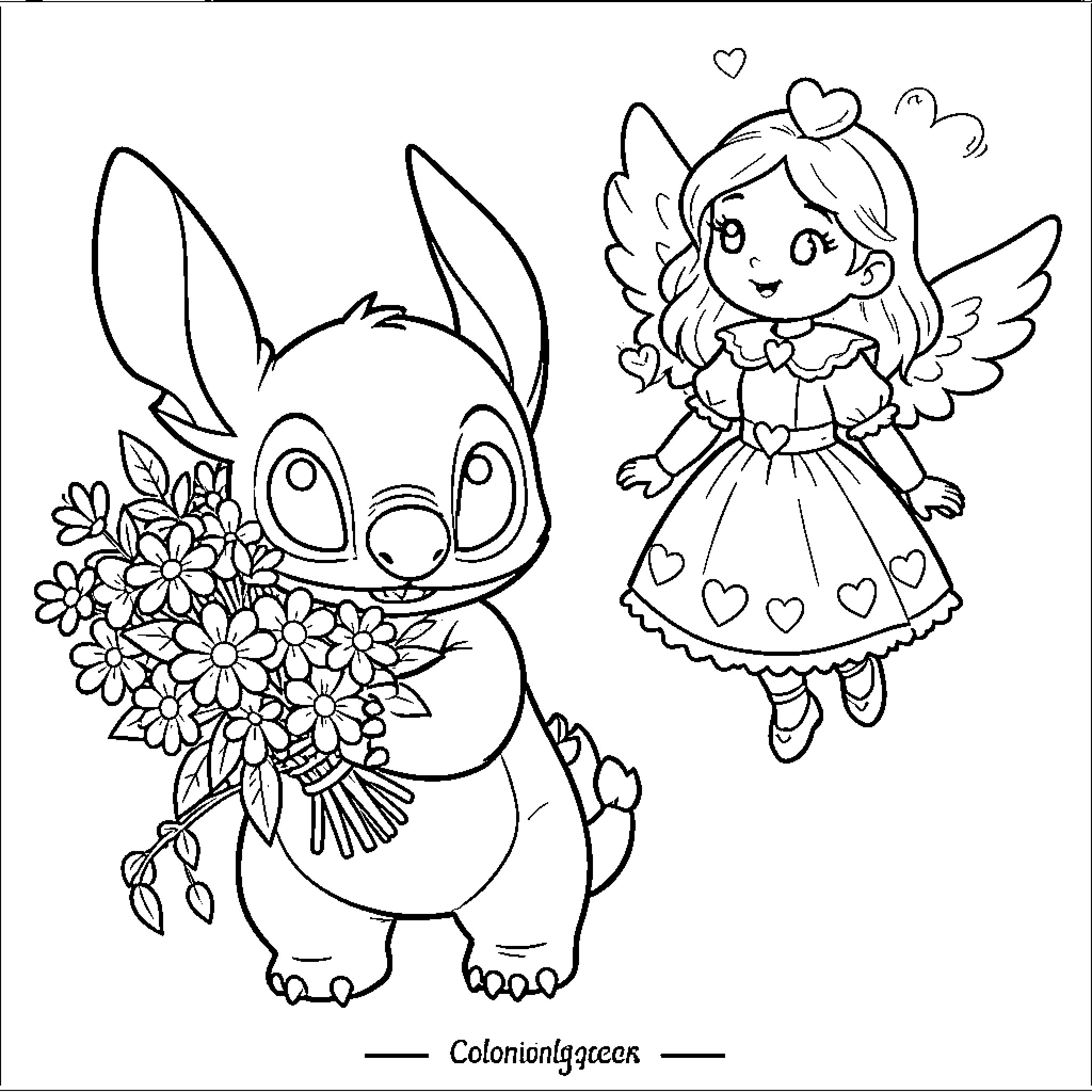 Stitch holding a bouquet of flowers near a winged girl Coloring Page (free black-and-white line drawing printable PDF for all, from beginners to advanced learners, including children, teens, adults, and seniors)