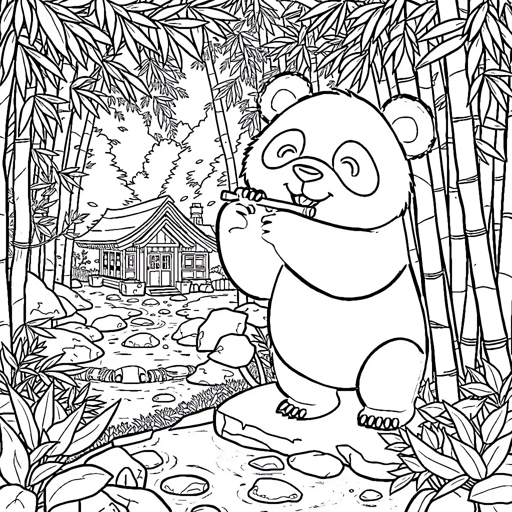 Panda exploring the bamboo forest Coloring Page (free black-and-white line drawing printable PDF for all, from beginners to advanced learners, including children, teens, adults, and seniors)