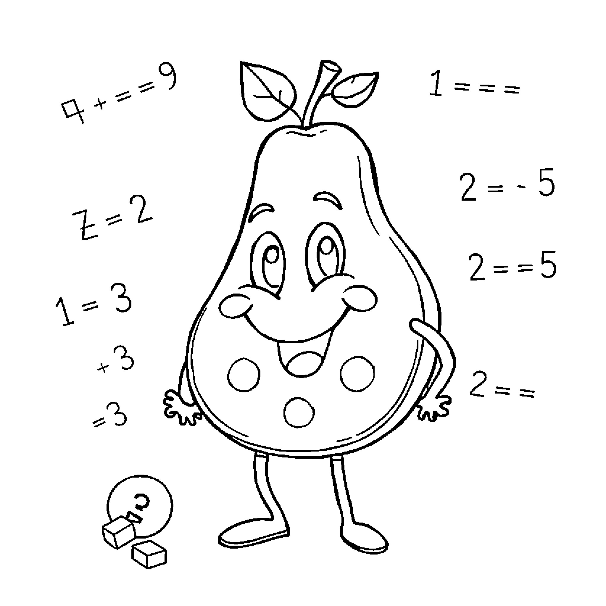 Fruit character with math expressions Coloring Page (free black-and-white line drawing printable PDF for all, from beginners to advanced learners, including children, teens, adults, and seniors)