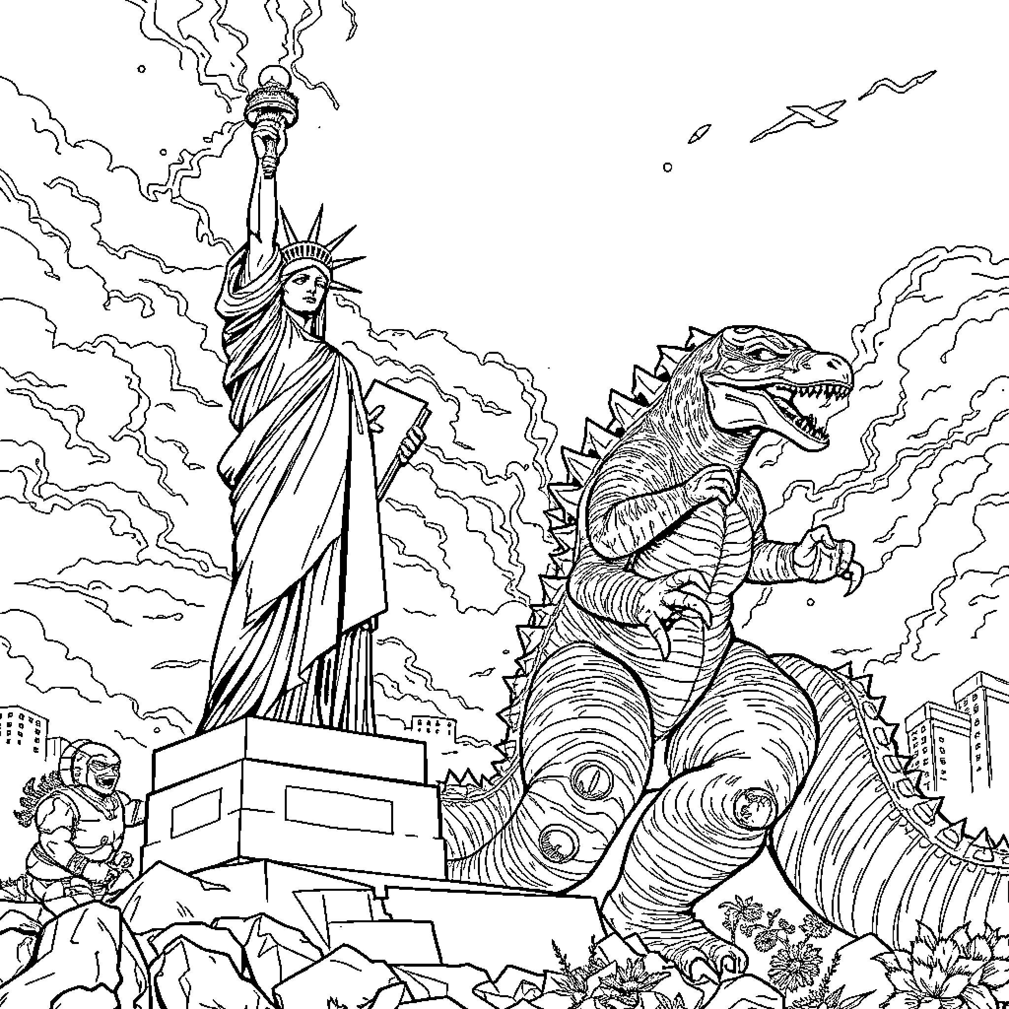 Statue Of Liberty facing a giant monster Coloring Page (free black-and-white line drawing printable PDF for all, from beginners to advanced learners, including children, teens, adults, and seniors)