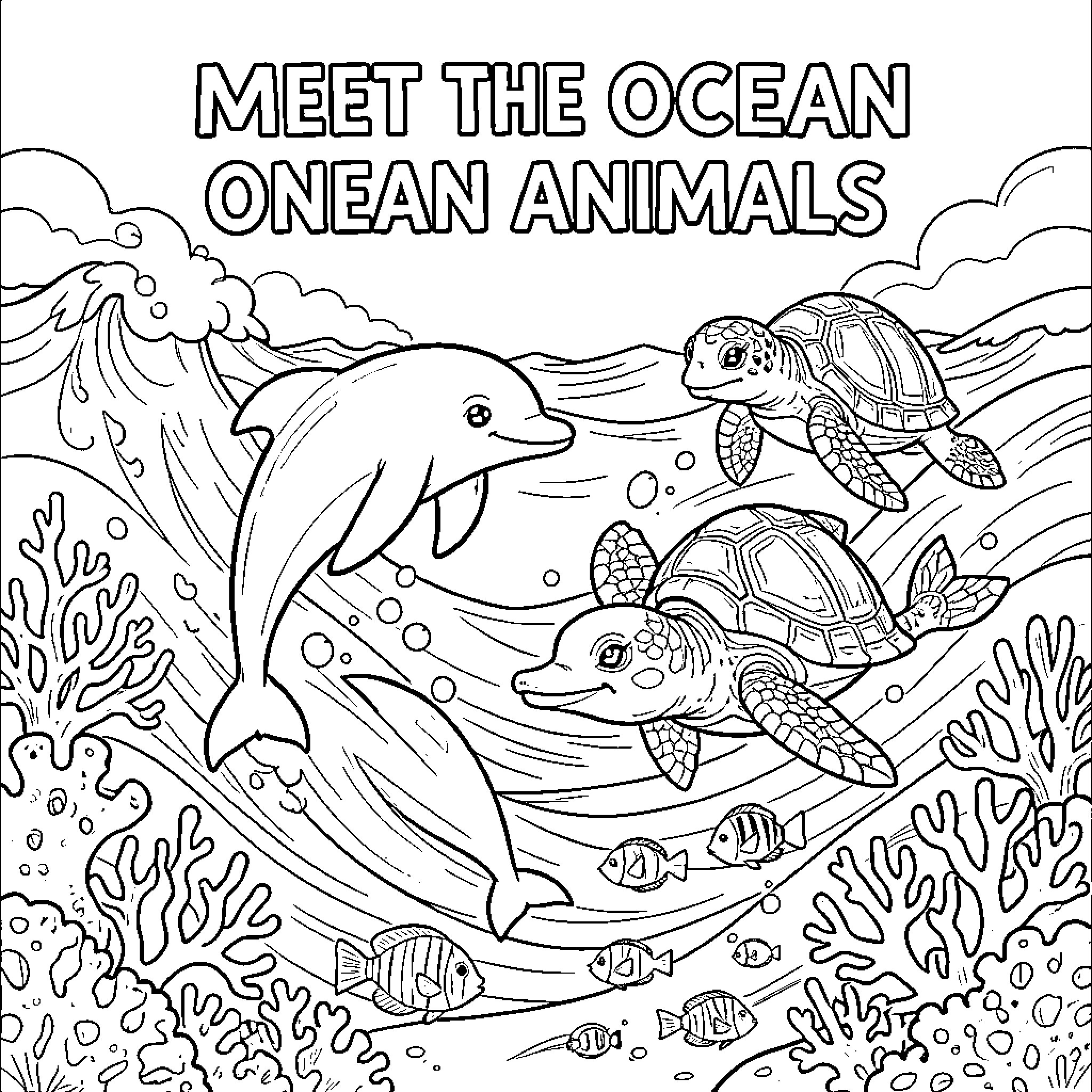 Sea Animals Enjoying Ocean Adventure Coloring Page (free black-and-white line drawing printable PDF for all, from beginners to advanced learners, including children, teens, adults, and seniors)