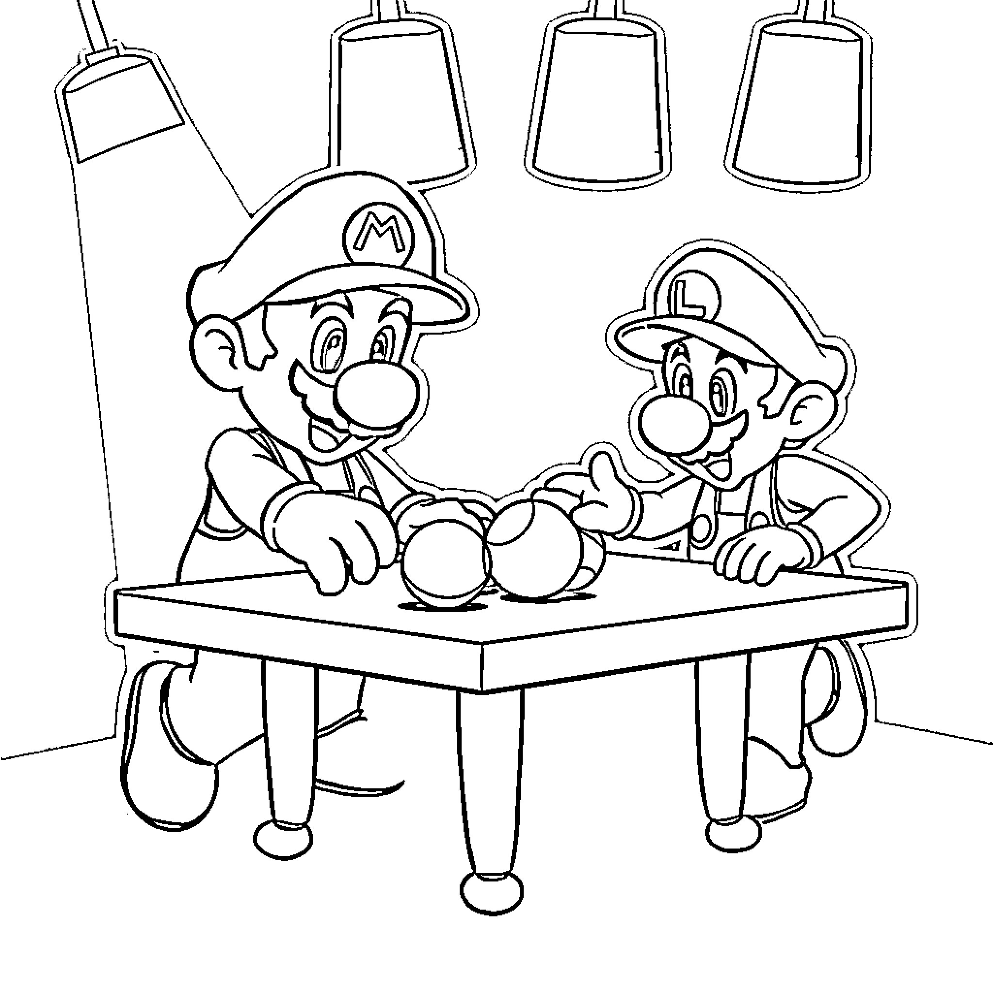 Mario Brothers Playing Happily in the Game Room Coloring Page (free black-and-white line drawing printable PDF for all, from beginners to advanced learners, including children, teens, adults, and seniors)