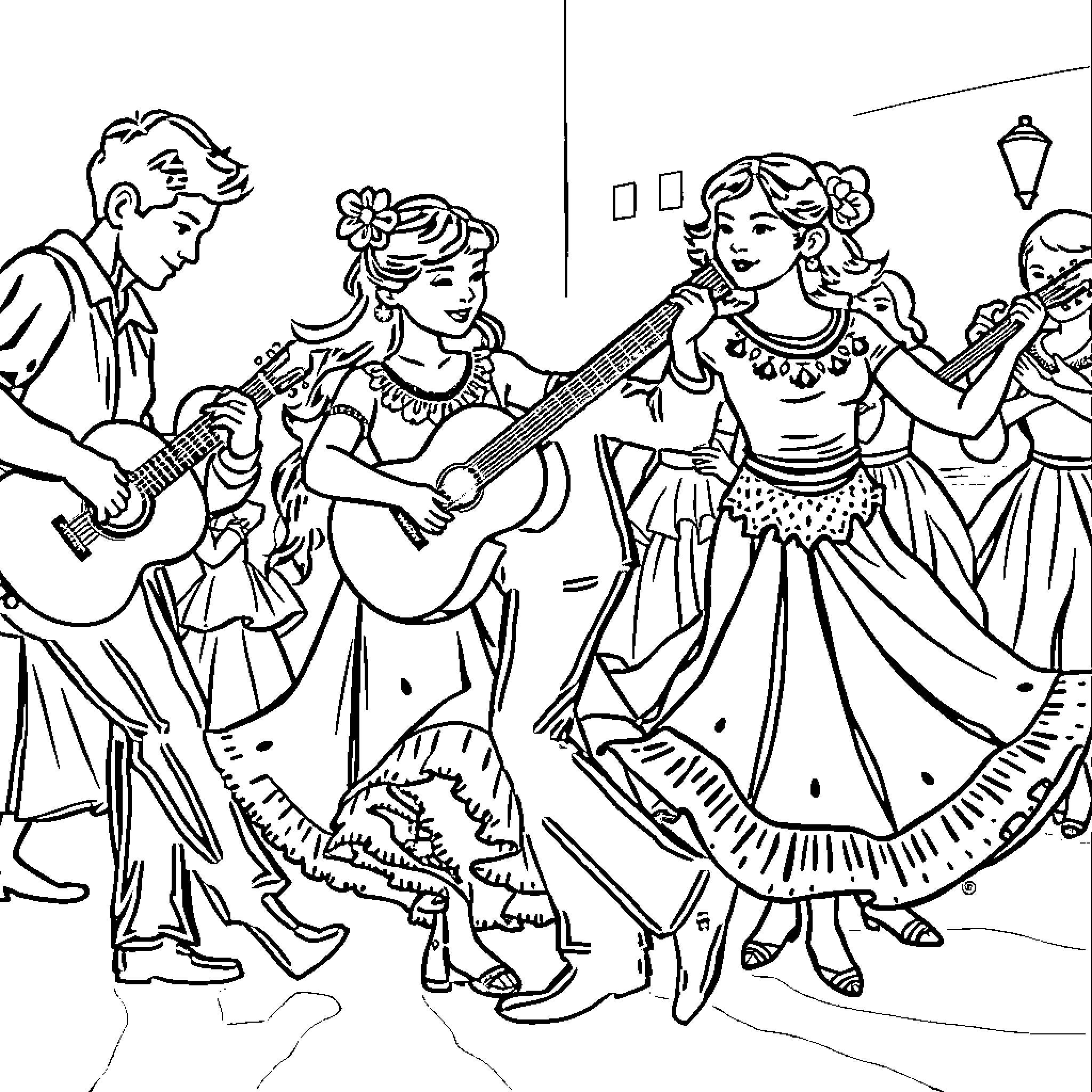 Flamenco Dancers Performing Passionate Dance Coloring Page (free black-and-white line drawing printable PDF for all, from beginners to advanced learners, including children, teens, adults, and seniors)