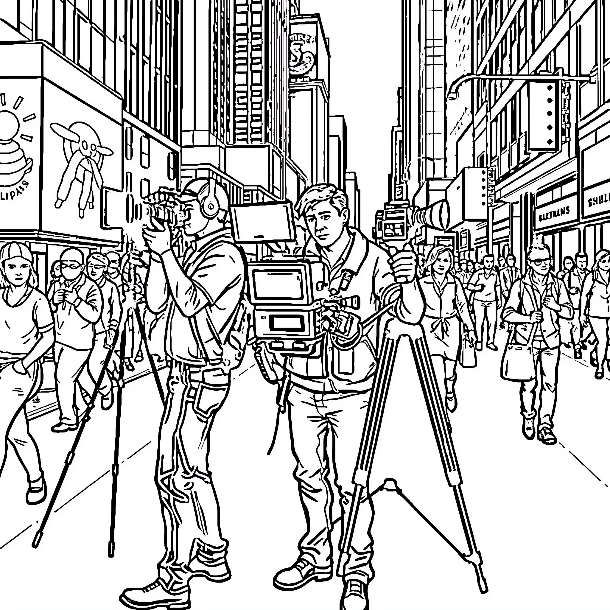 TV News Crew Capturing Street Scene in Busy City Coloring Page (free black-and-white line drawing printable PDF for all, from beginners to advanced learners, including children, teens, adults, and seniors)