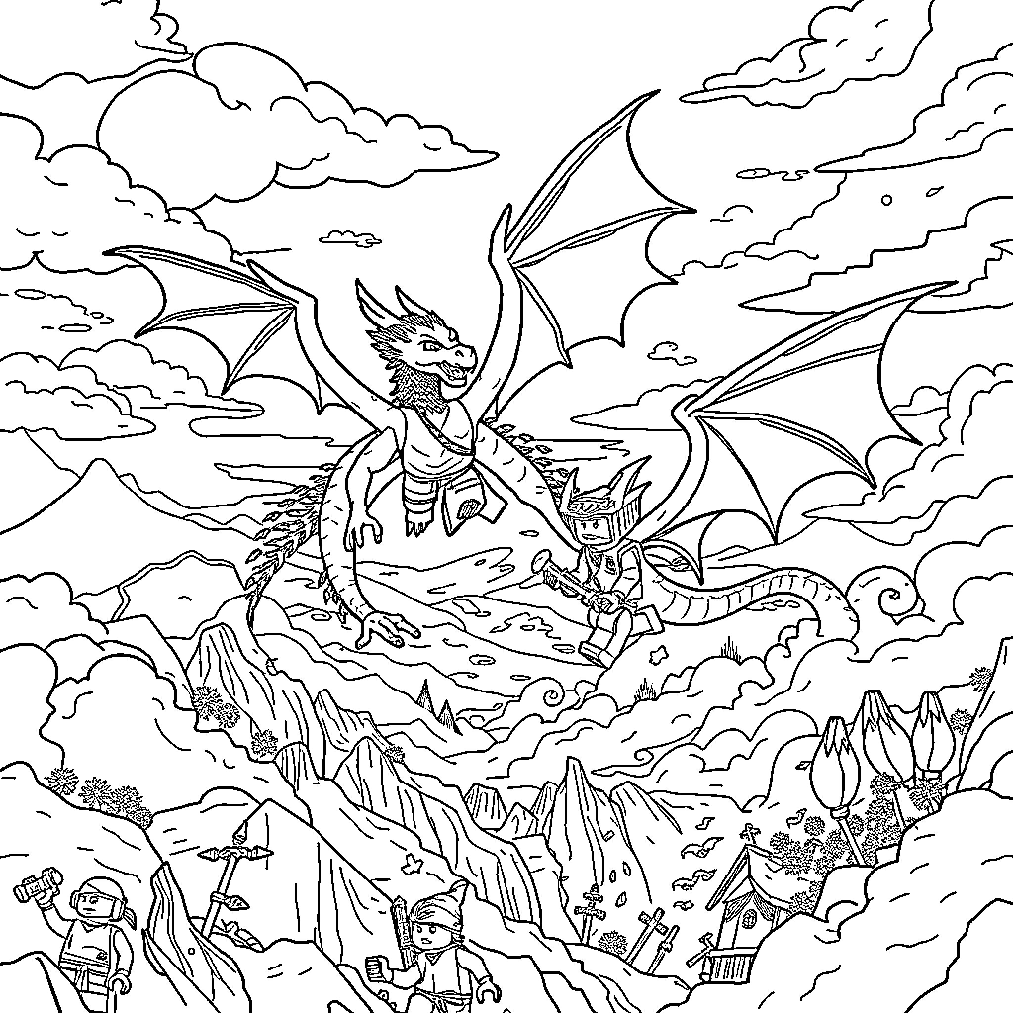 Dragon soaring through the stormy skies above the mountainous landscape Coloring Page (free black-and-white line drawing printable PDF for all, from beginners to advanced learners, including children, teens, adults, and seniors)