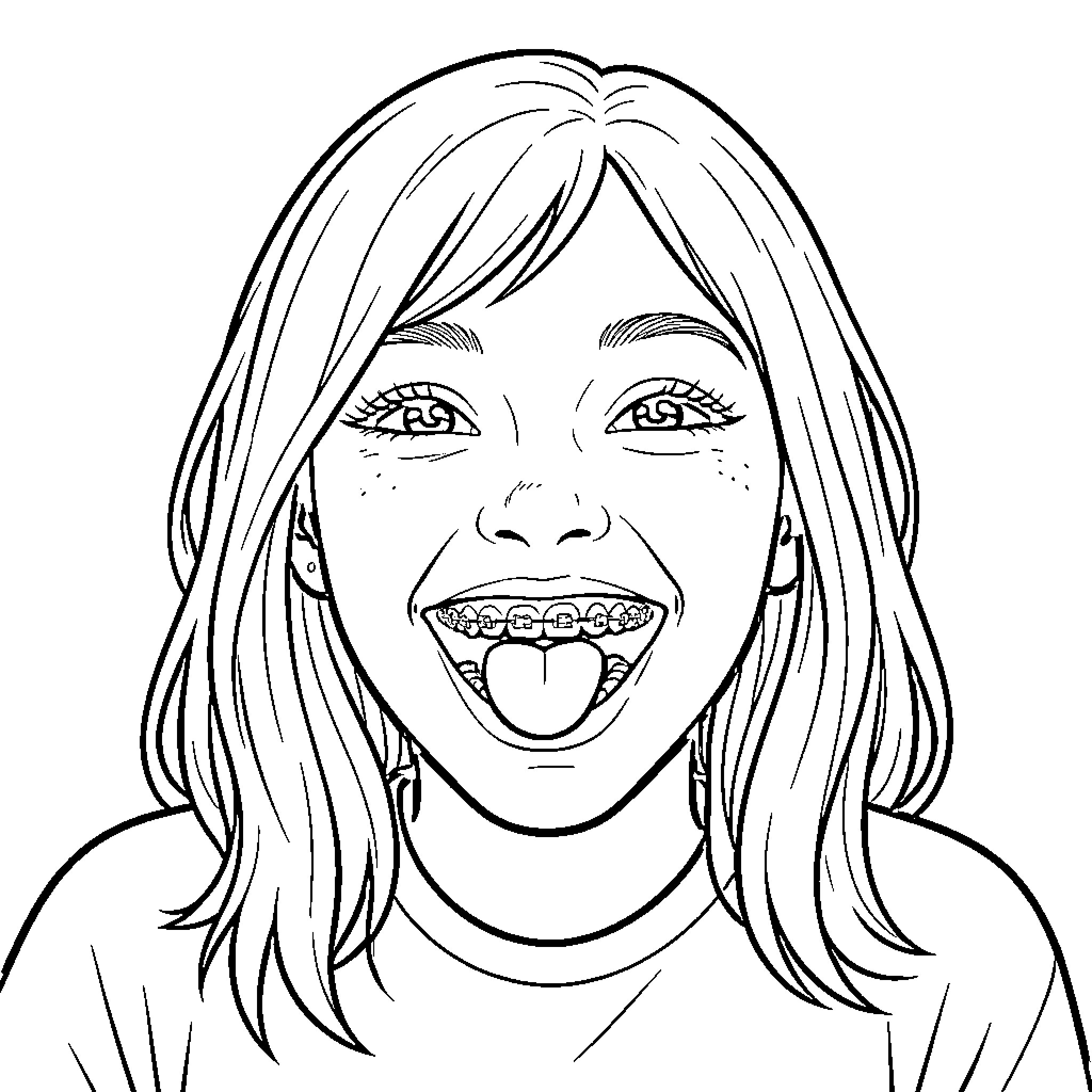 Teen Girl smiling widely and sticking her tongue out Coloring Page (free black-and-white line drawing printable PDF for all, from beginners to advanced learners, including children, teens, adults, and seniors)