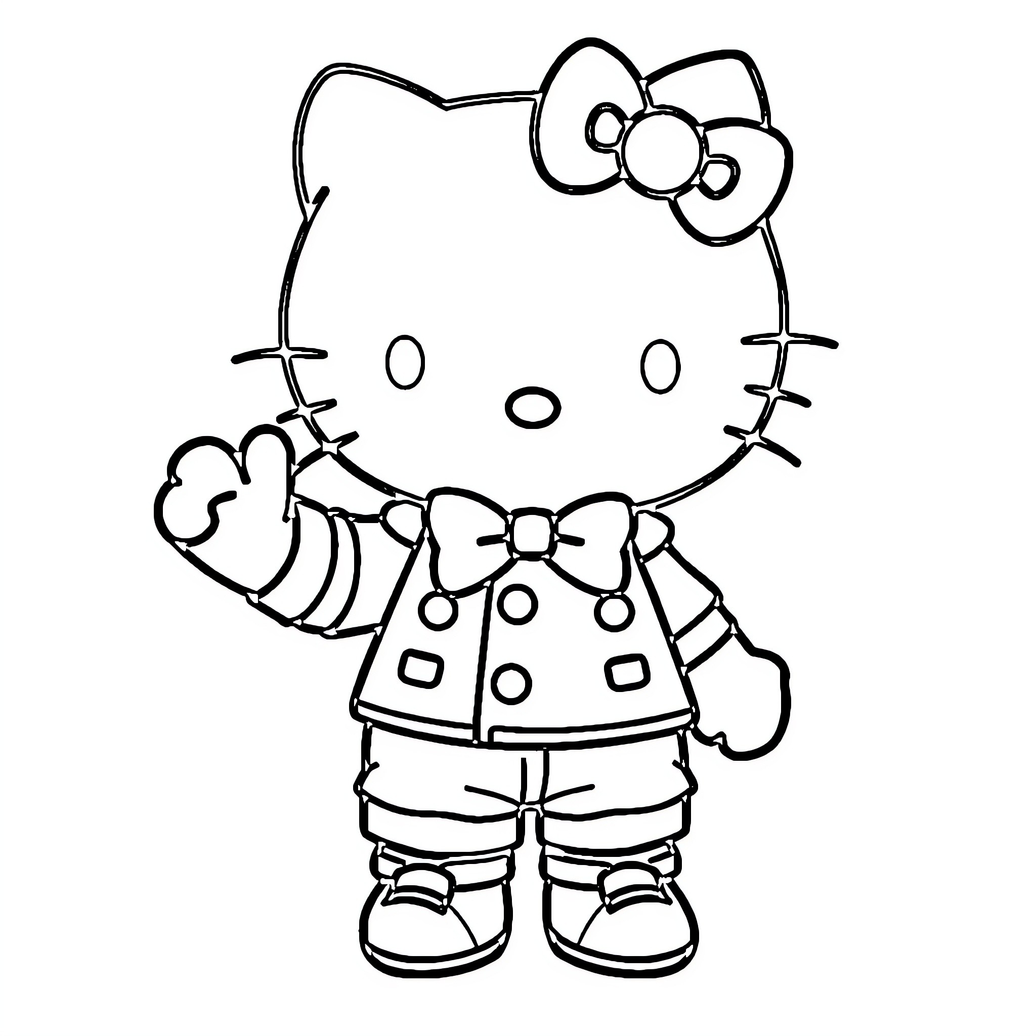 Hello Kitty in a cute outfit Coloring Page (free black-and-white line drawing printable PDF for all, from beginners to advanced learners, including children, teens, adults, and seniors)