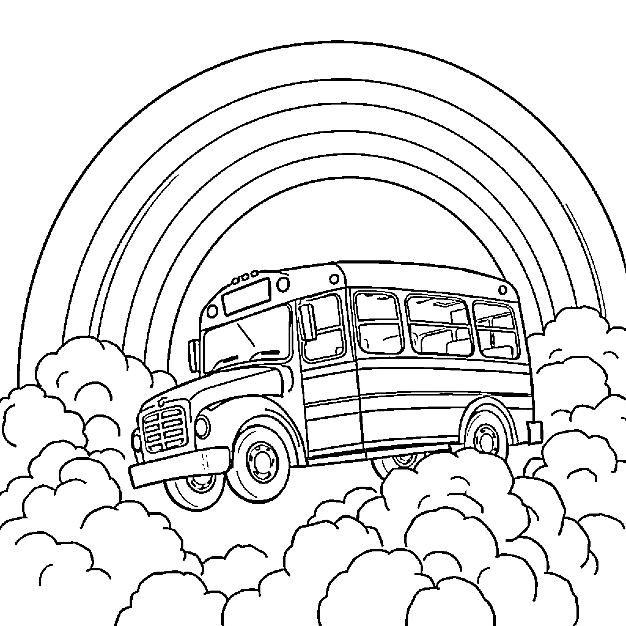 School Bus Traveling Through Clouds and Rainbow Coloring Page (free black-and-white line drawing printable PDF for all, from beginners to advanced learners, including children, teens, adults, and seniors)