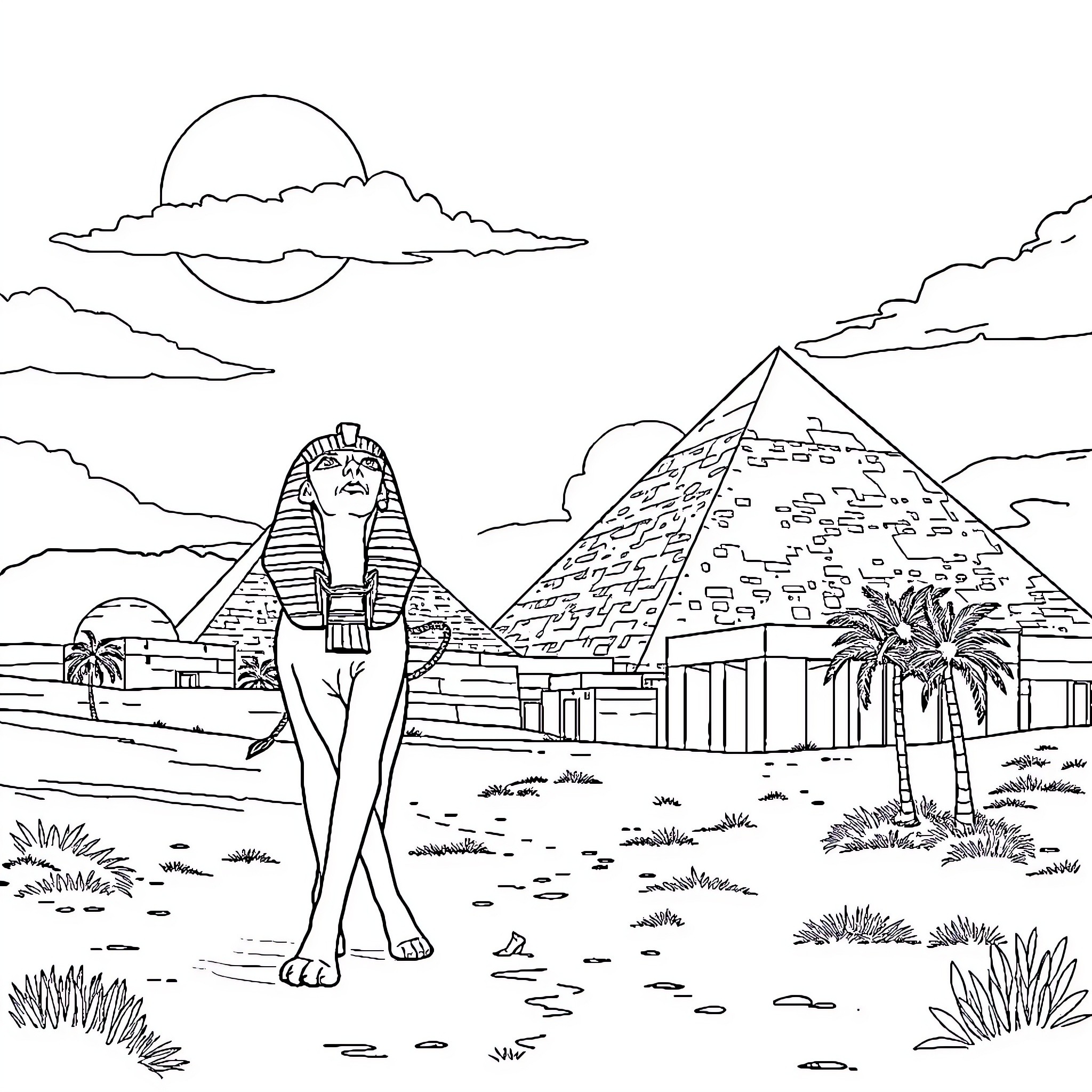 Cleo de Nile exploring the ancient Egyptian landscape Coloring Page (free black-and-white line drawing printable PDF for all, from beginners to advanced learners, including children, teens, adults, and seniors)
