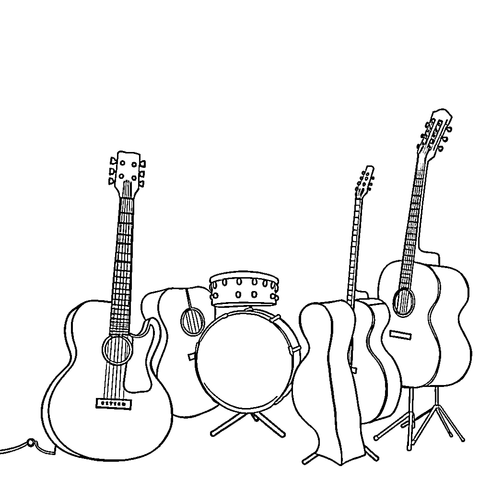 Music Instrument Collection on Display Coloring Page (free black-and-white line drawing printable PDF for all, from beginners to advanced learners, including children, teens, adults, and seniors)