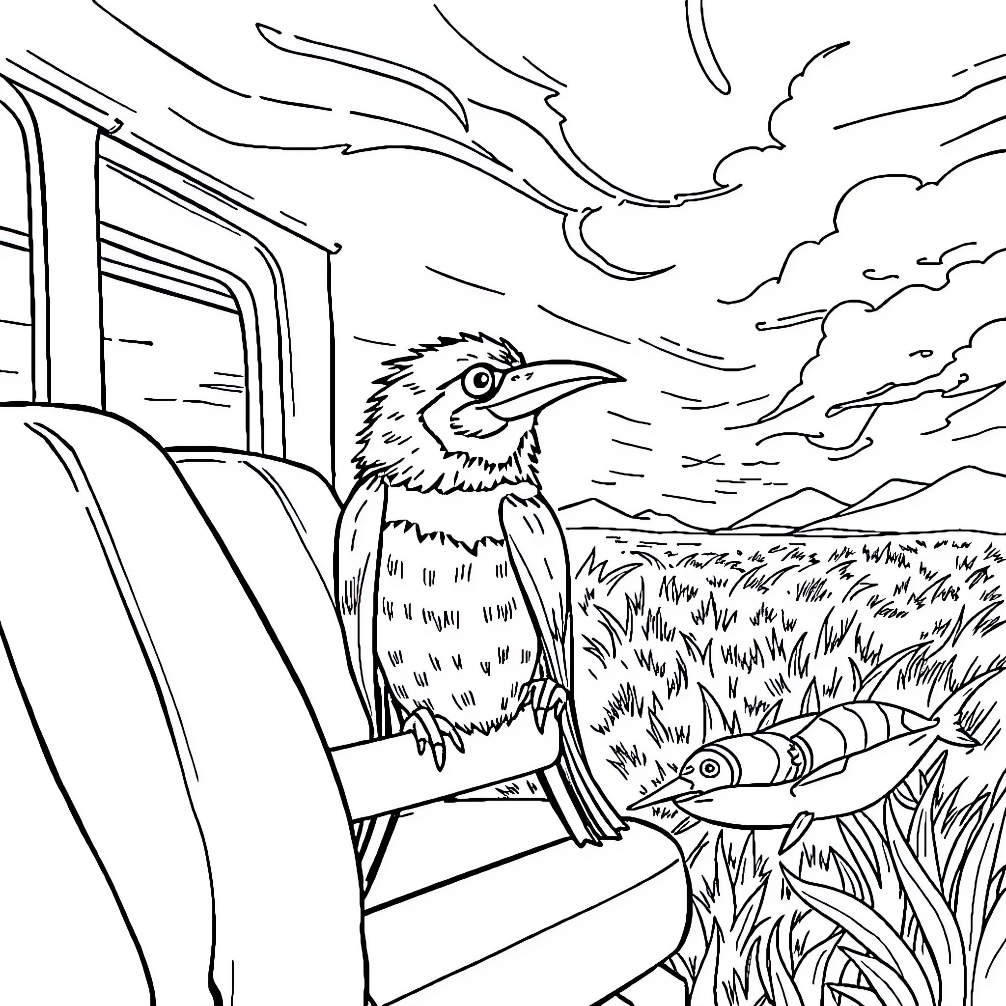Chase the bird in the rural landscape Coloring Page (free black-and-white line drawing printable PDF for all, from beginners to advanced learners, including children, teens, adults, and seniors)