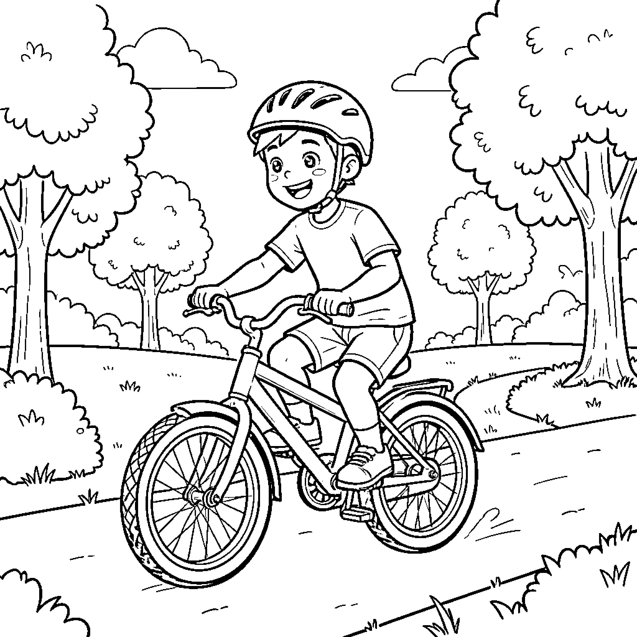 Boy riding bicycle through nature Coloring Page (free black-and-white line drawing printable PDF for all, from beginners to advanced learners, including children, teens, adults, and seniors)