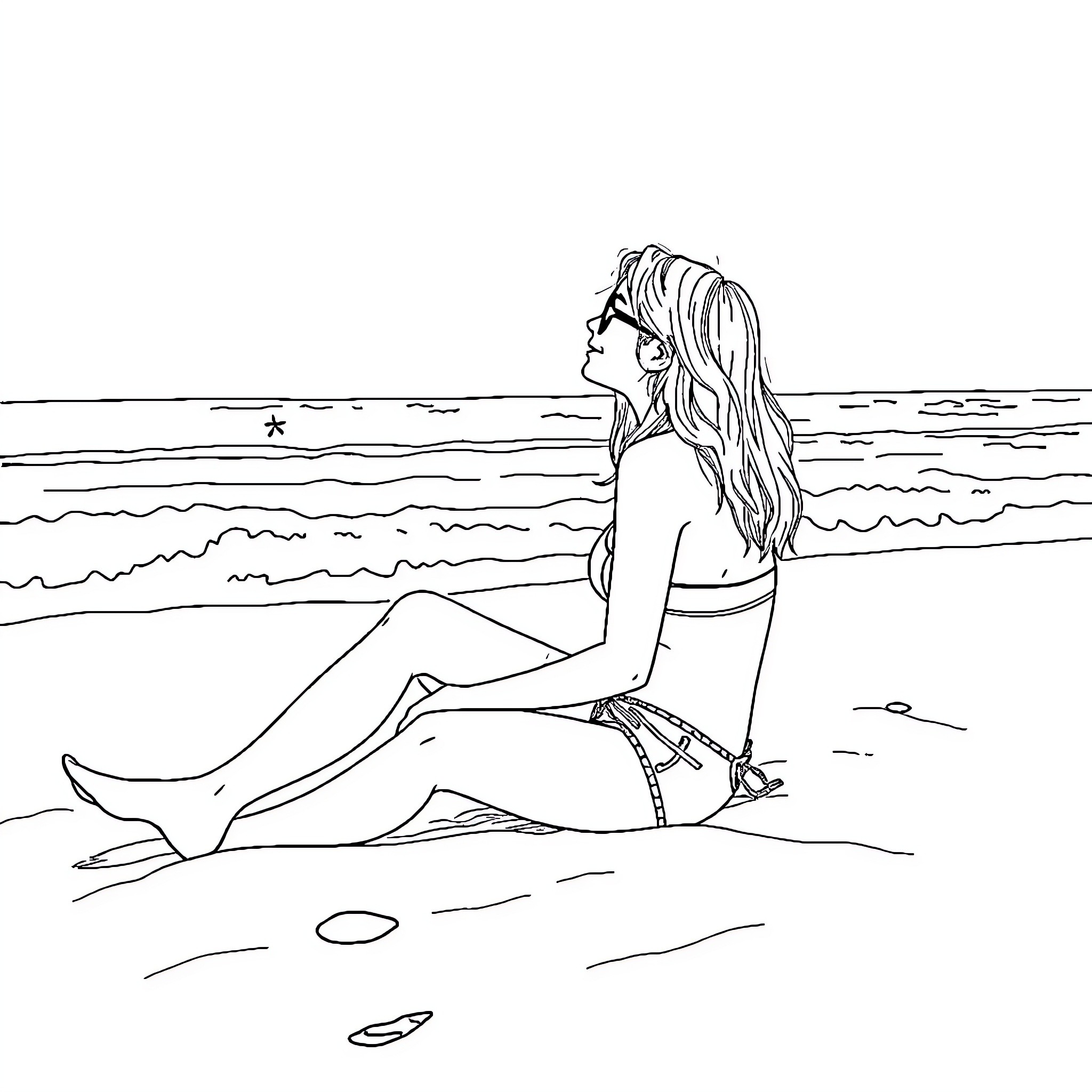 Beach scene with person relaxing by the water Coloring Page (free black-and-white line drawing printable PDF for all, from beginners to advanced learners, including children, teens, adults, and seniors)