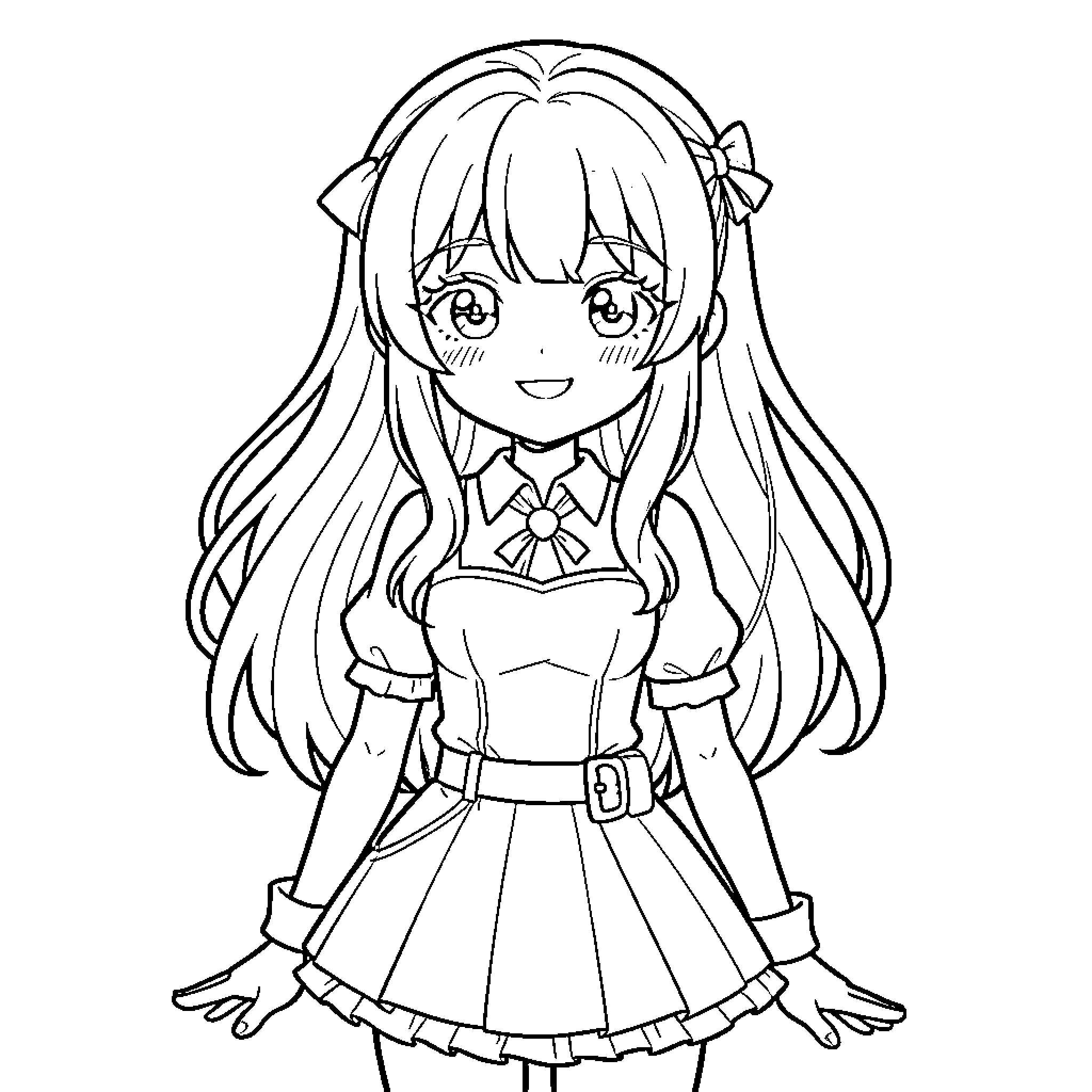 Anime Girl with Long Hair in Cute Dress Coloring Page (free black-and-white line drawing printable PDF for all, from beginners to advanced learners, including children, teens, adults, and seniors)