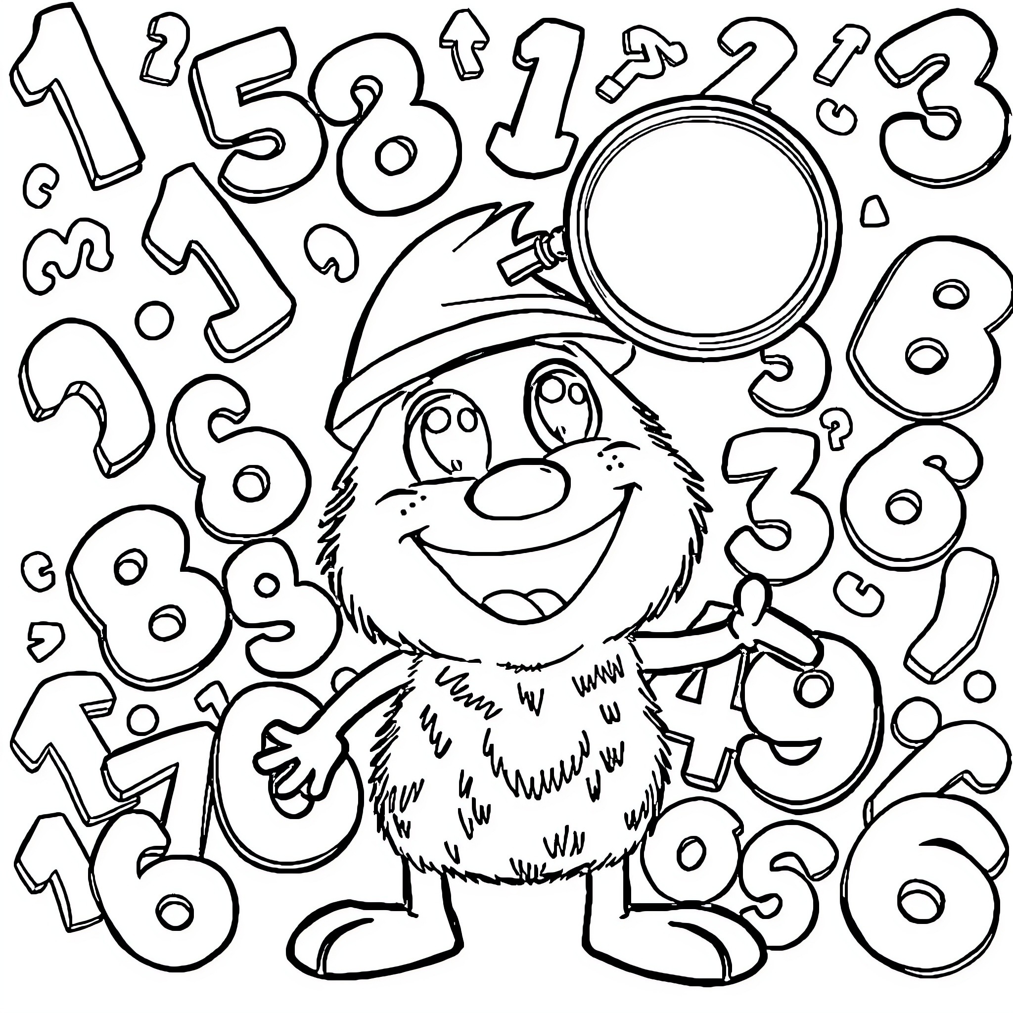 Scribbly Counting Monster with Magnifying Glass Coloring Page (free black-and-white line drawing printable PDF for all, from beginners to advanced learners, including children, teens, adults, and seniors)
