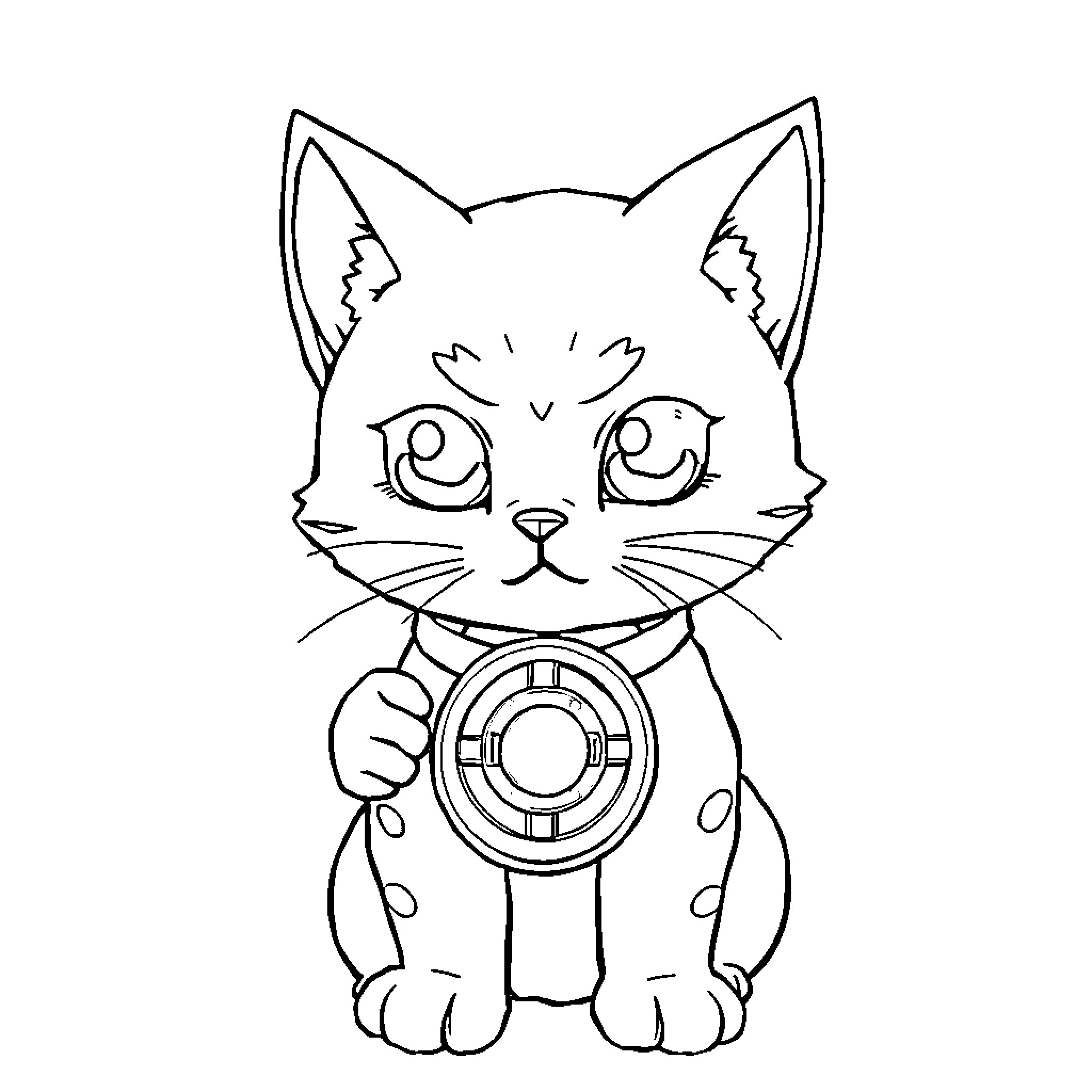 Yugioh-inspired Cartoon Cat with Amulet Coloring Page (free black-and-white line drawing printable PDF for all, from beginners to advanced learners, including children, teens, adults, and seniors)