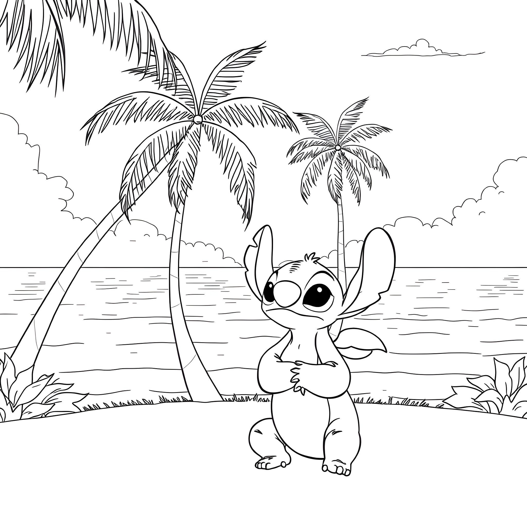 Angel Stitch playing in tropical paradise Coloring Page (free black-and-white line drawing printable PDF for all, from beginners to advanced learners, including children, teens, adults, and seniors)
