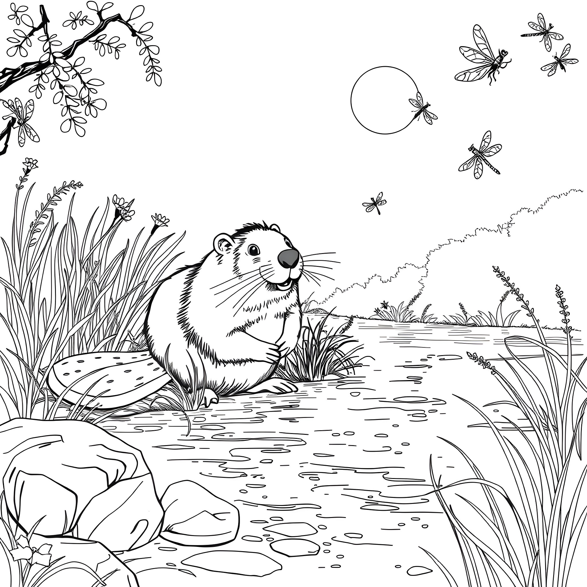 Beaver observing nature in the pond Coloring Page (free black-and-white line drawing printable PDF for all, from beginners to advanced learners, including children, teens, adults, and seniors)