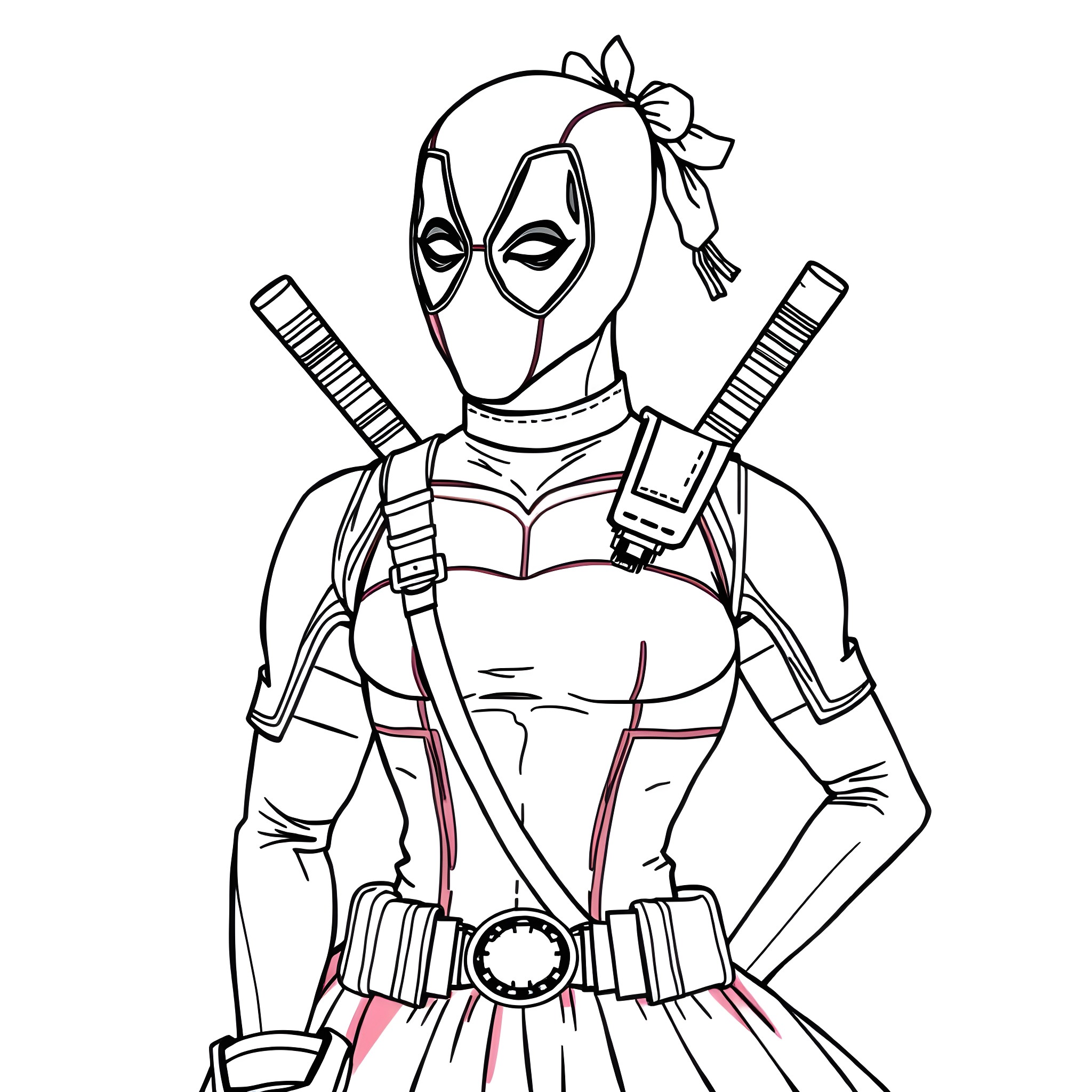 Deadpool in a stylized, minimalist outline Coloring Page (free black-and-white line drawing printable PDF for all, from beginners to advanced learners, including children, teens, adults, and seniors)