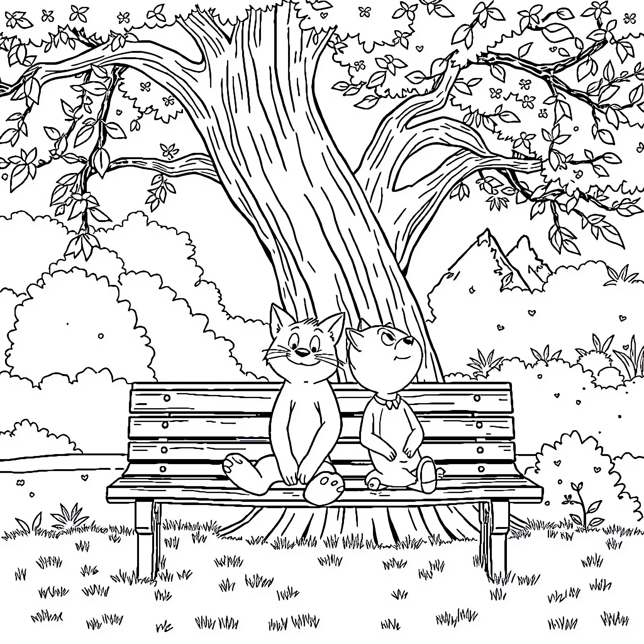 Tom and Jerry relaxing on a park bench Coloring Page (free black-and-white line drawing printable PDF for all, from beginners to advanced learners, including children, teens, adults, and seniors)