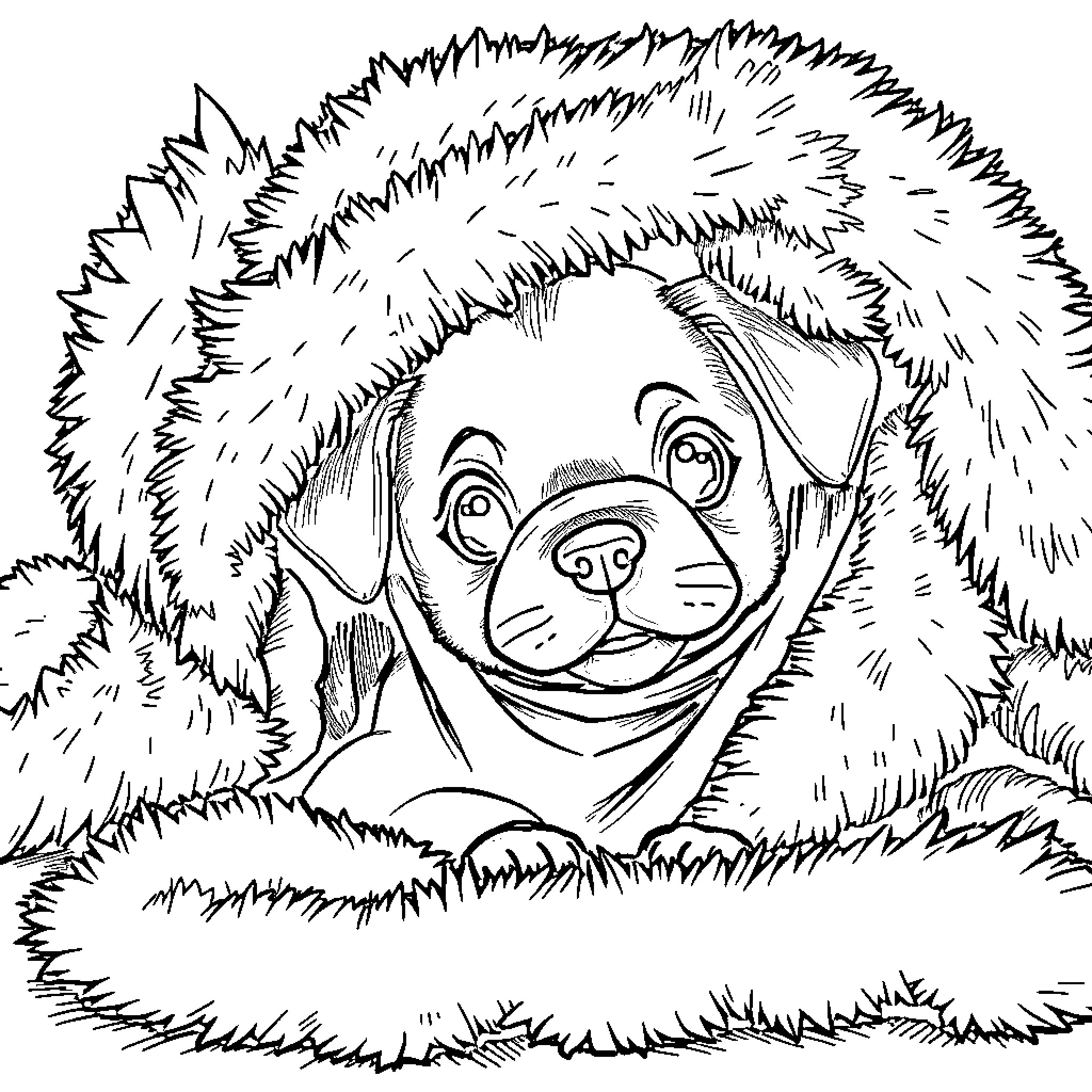 Puppy peeking through the bush playfully Coloring Page (free black-and-white line drawing printable PDF for all, from beginners to advanced learners, including children, teens, adults, and seniors)