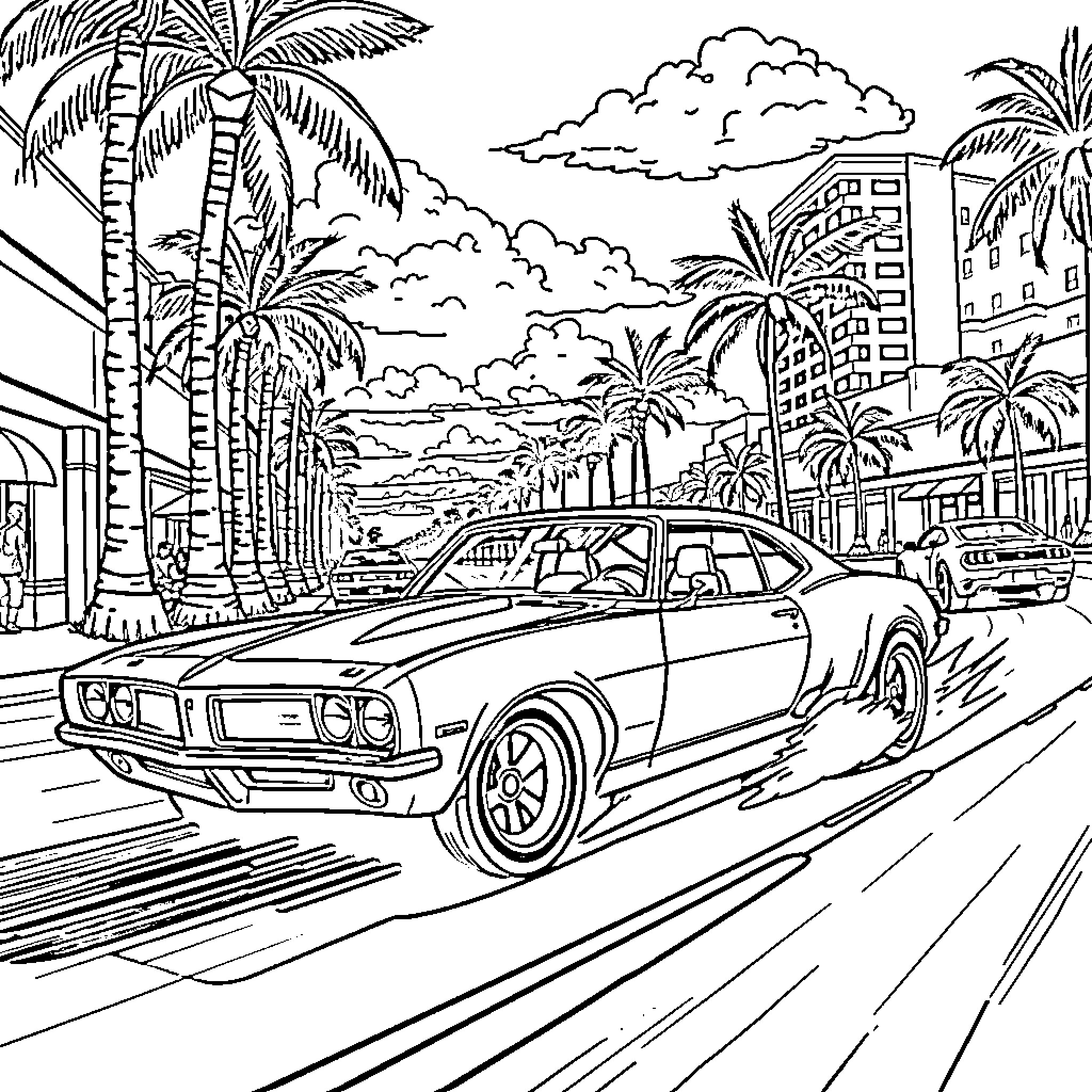 Hot Wheels race through tropical city streets Coloring Page (free black-and-white line drawing printable PDF for all, from beginners to advanced learners, including children, teens, adults, and seniors)