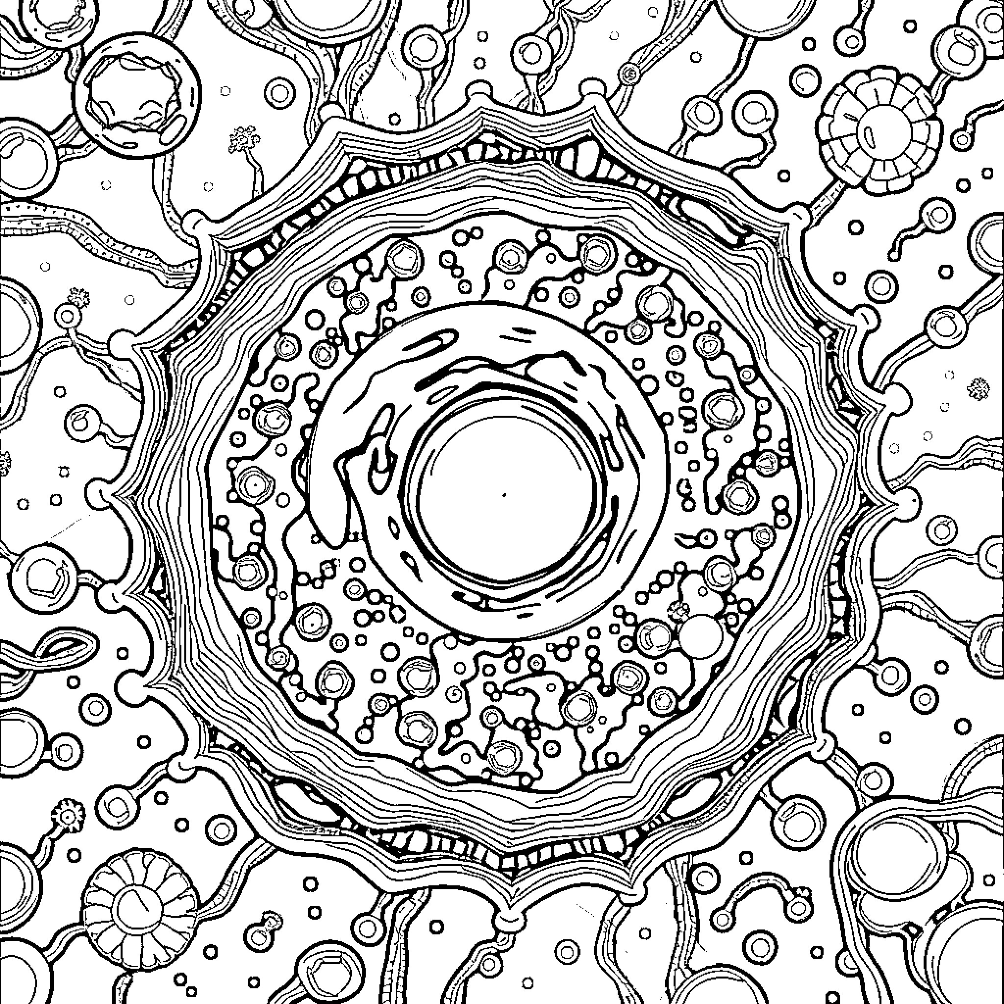 Cell Structures in Detailed Illustration Coloring Page (free black-and-white line drawing printable PDF for all, from beginners to advanced learners, including children, teens, adults, and seniors)