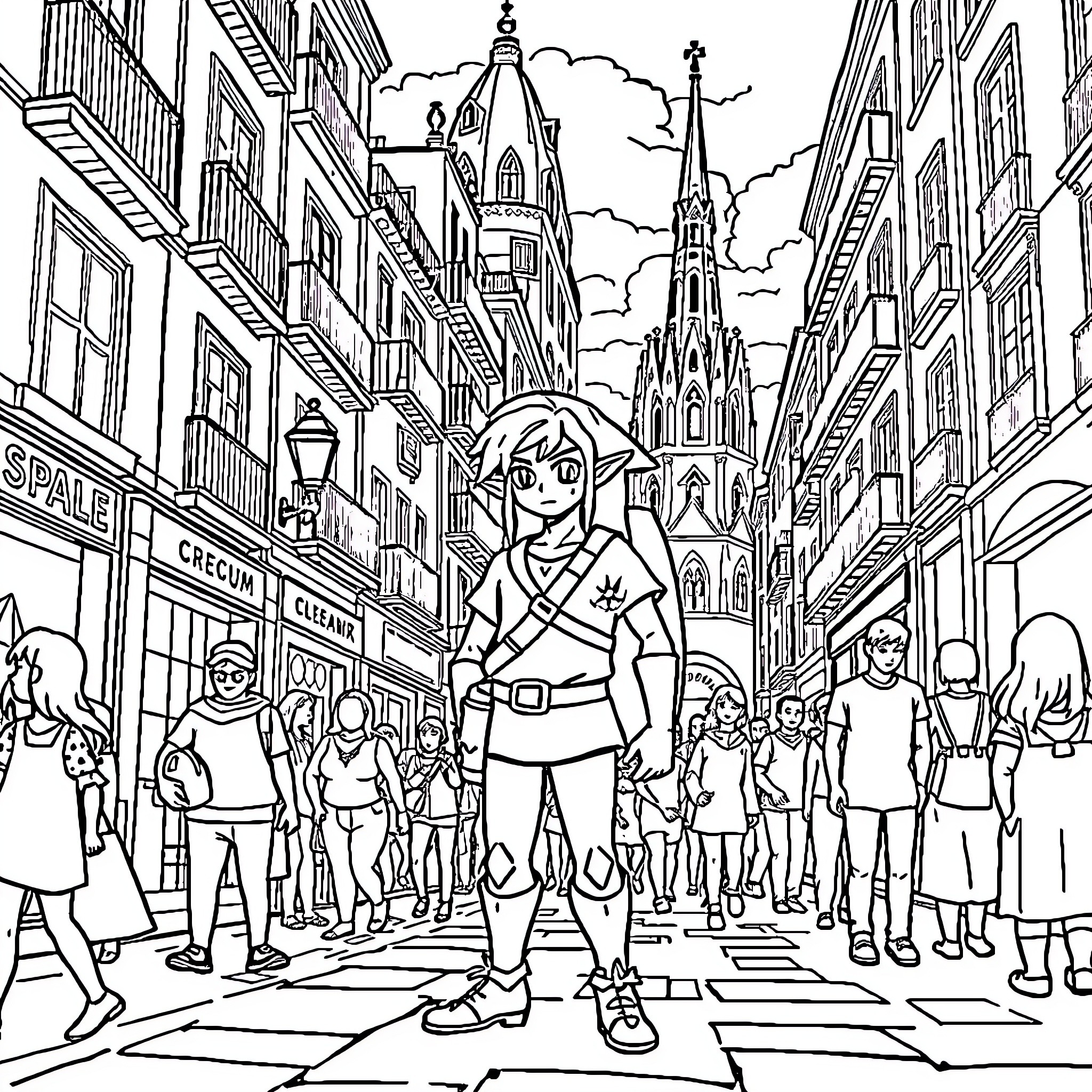 Link Exploring the Bustling City Streets Coloring Page (free black-and-white line drawing printable PDF for all, from beginners to advanced learners, including children, teens, adults, and seniors)