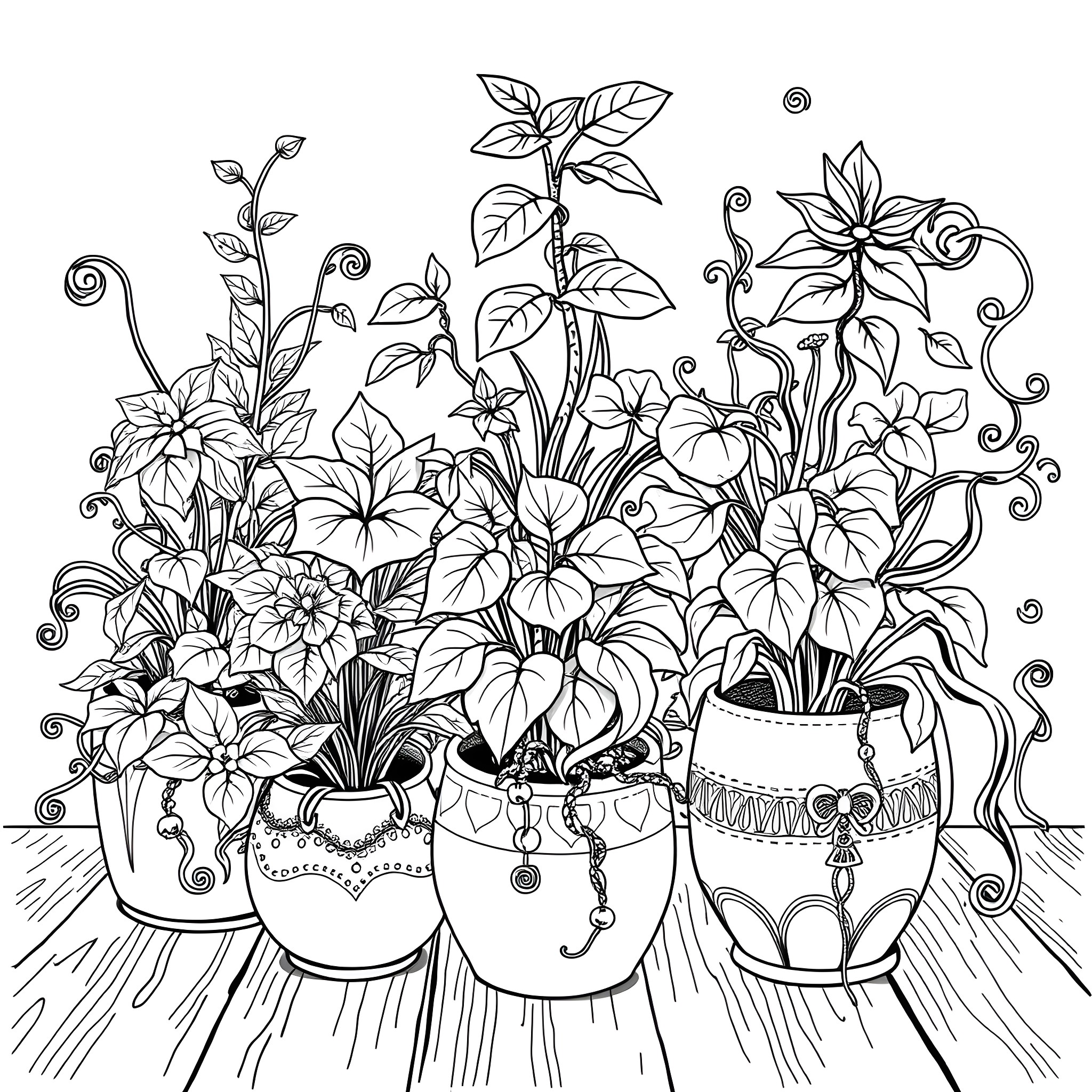 Plant pots filled with blooming flowers and foliage Coloring Page (free black-and-white line drawing printable PDF for all, from beginners to advanced learners, including children, teens, adults, and seniors)