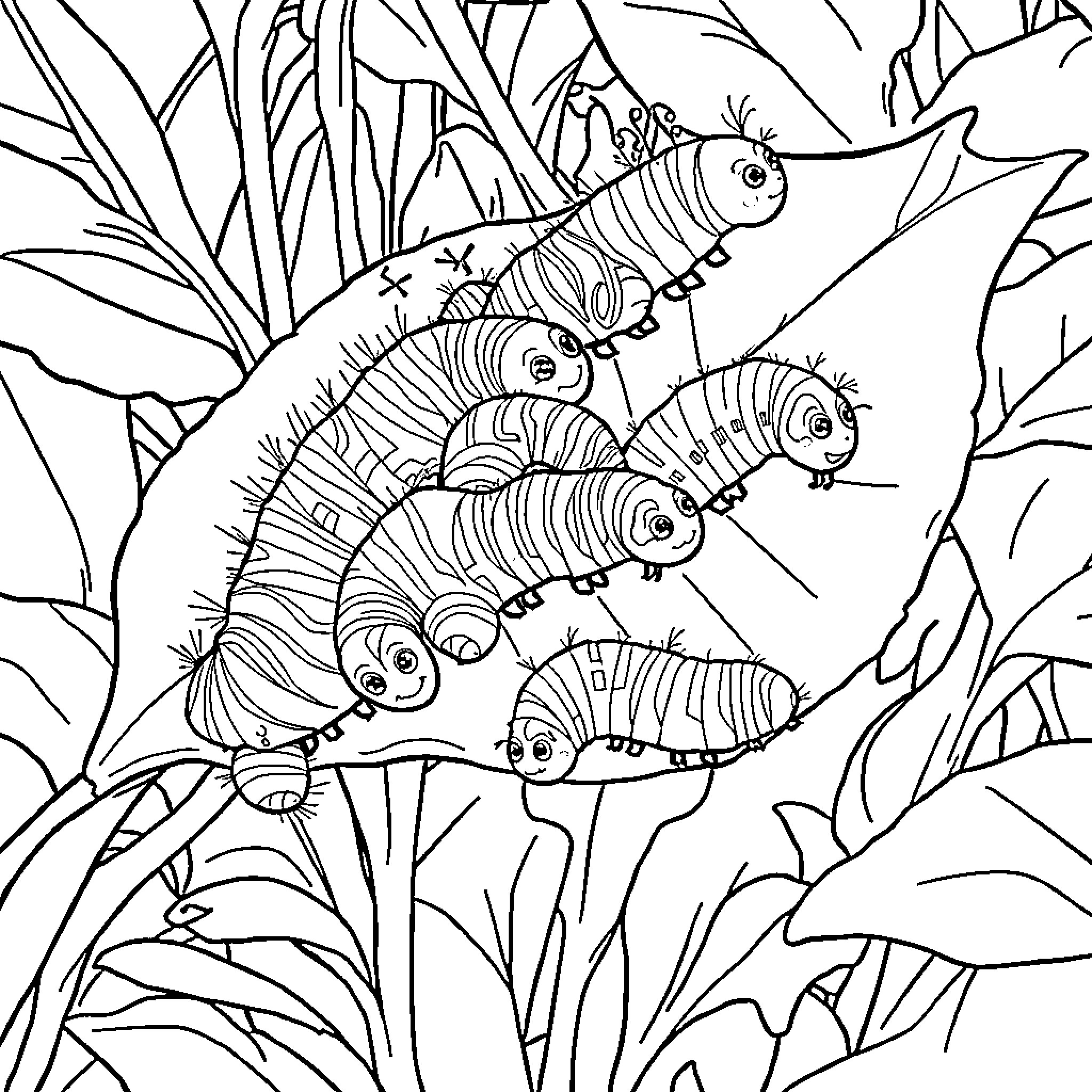 Caterpillar colony exploring lush vegetation Coloring Page (free black-and-white line drawing printable PDF for all, from beginners to advanced learners, including children, teens, adults, and seniors)