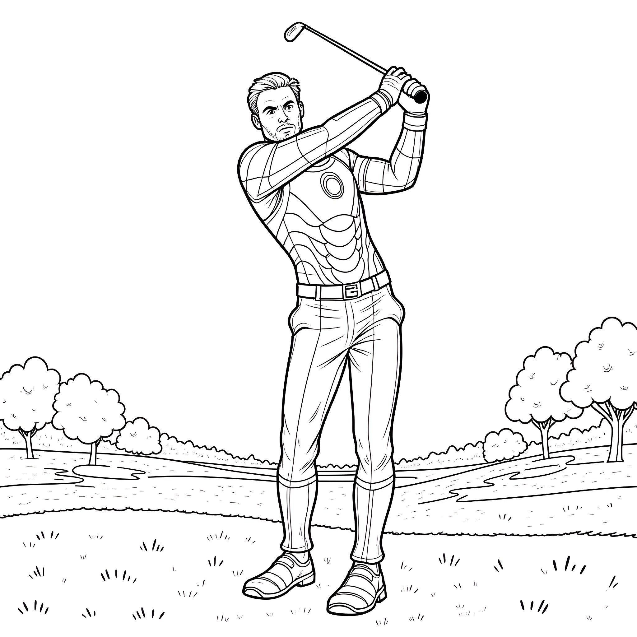 Ironman playing golf in the countryside Coloring Page (free black-and-white line drawing printable PDF for all, from beginners to advanced learners, including children, teens, adults, and seniors)