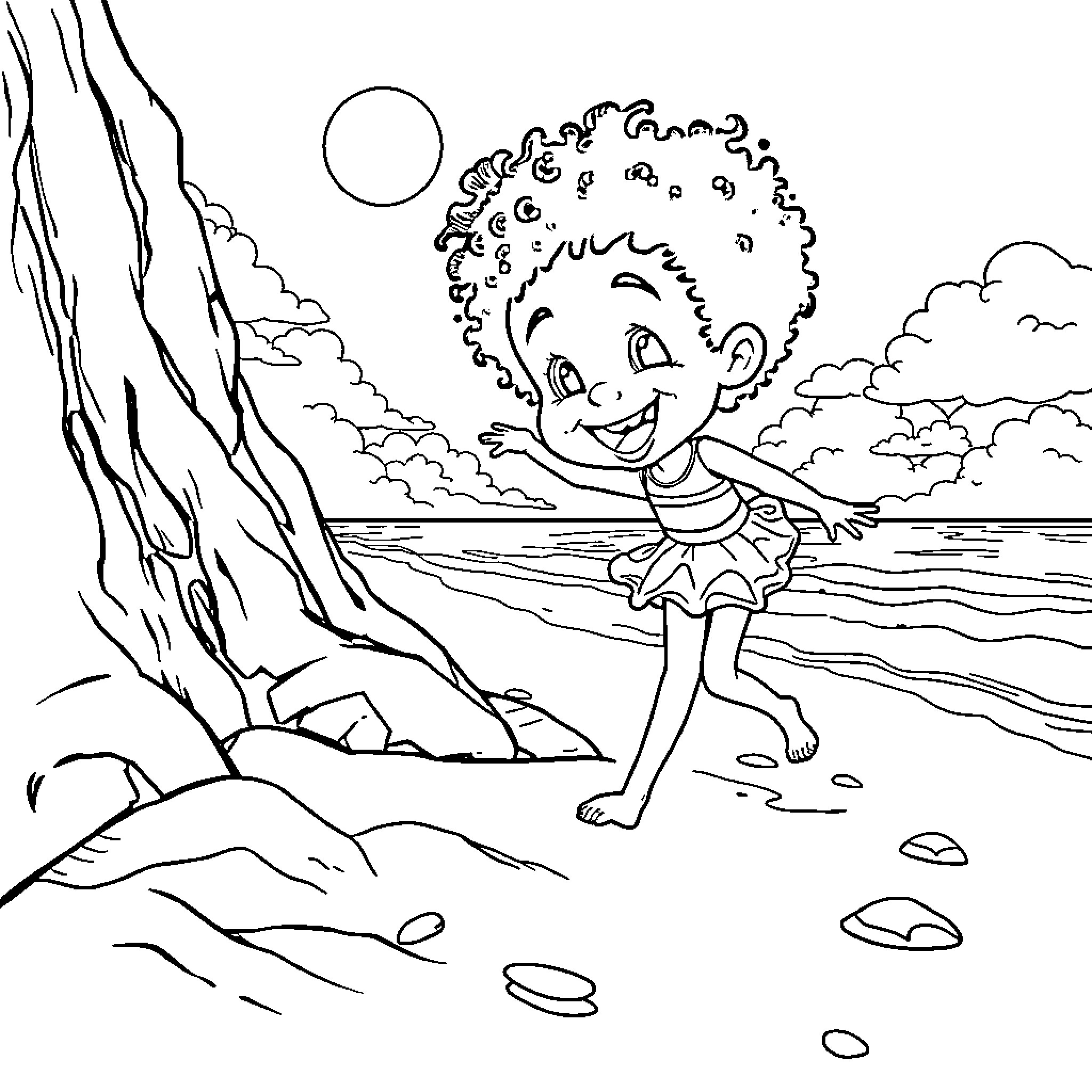 Girl exploring a rocky beach in the sun Coloring Page (free black-and-white line drawing printable PDF for all, from beginners to advanced learners, including children, teens, adults, and seniors)