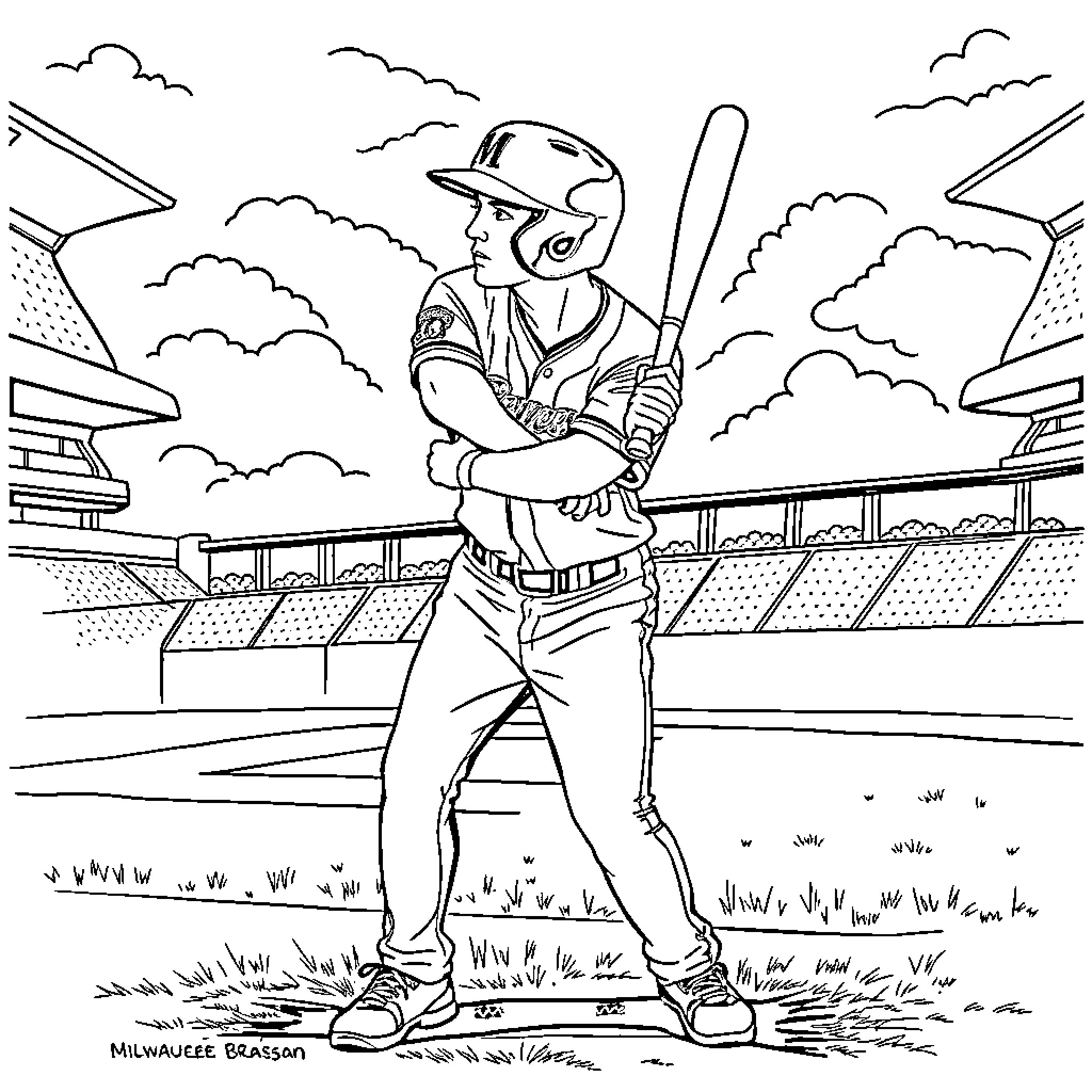 Baseball Player Posing on the Field Coloring Page (free black-and-white line drawing printable PDF for all, from beginners to advanced learners, including children, teens, adults, and seniors)