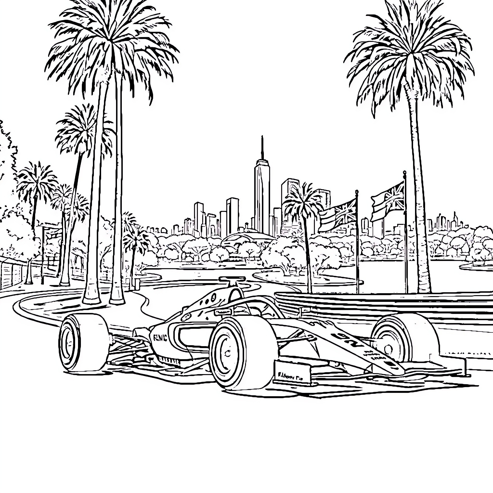 Formula 1 Car racing in a city with palm trees Coloring Page (free black-and-white line drawing printable PDF for all, from beginners to advanced learners, including children, teens, adults, and seniors)