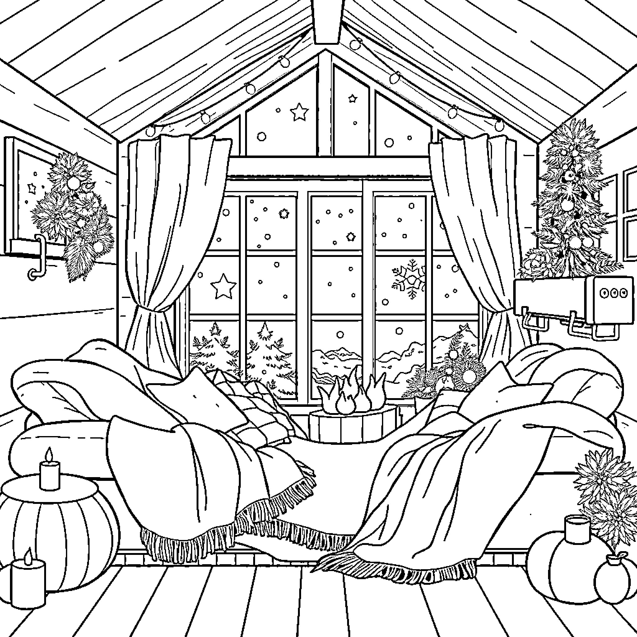 Home Cozy Winter Evening with Festive Decor Coloring Page (free black-and-white line drawing printable PDF for all, from beginners to advanced learners, including children, teens, adults, and seniors)