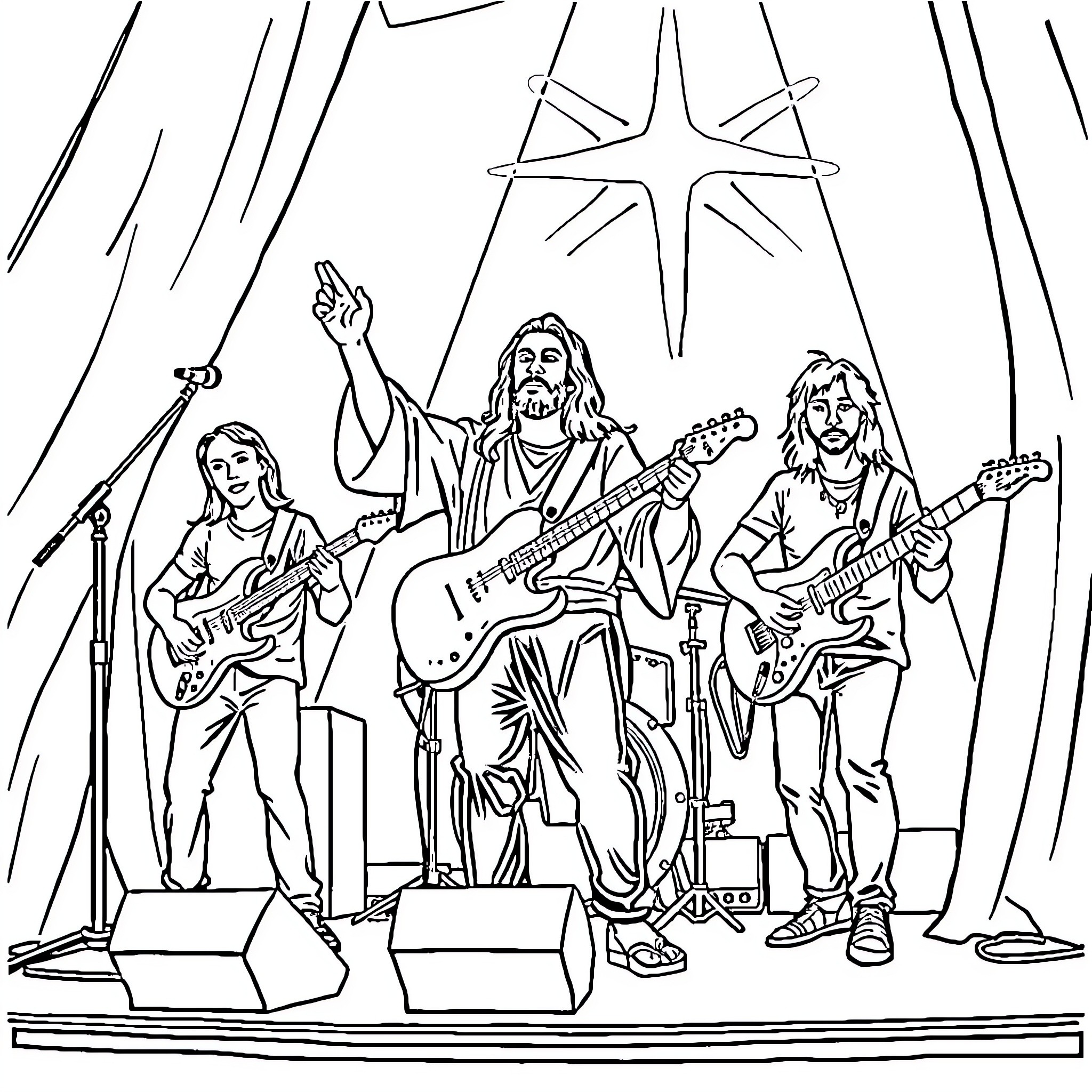 Jesus and His Disciples Performing on Stage Coloring Page (free black-and-white line drawing printable PDF for all, from beginners to advanced learners, including children, teens, adults, and seniors)