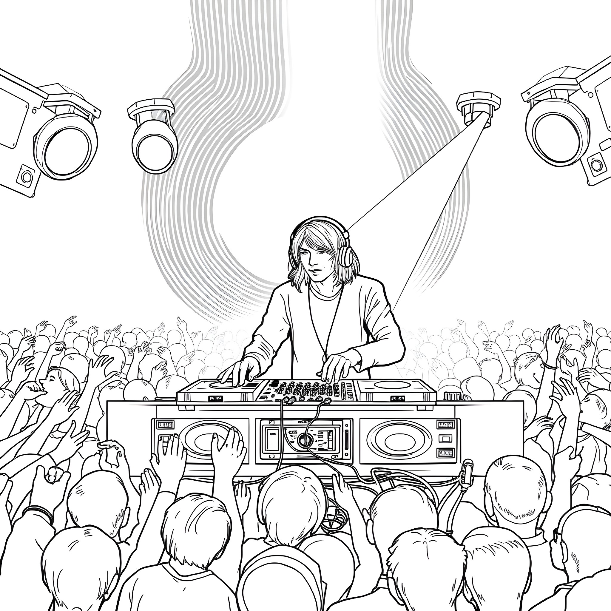 Kurt Cobain performing on stage with a crowd Coloring Page (free black-and-white line drawing printable PDF for all, from beginners to advanced learners, including children, teens, adults, and seniors)