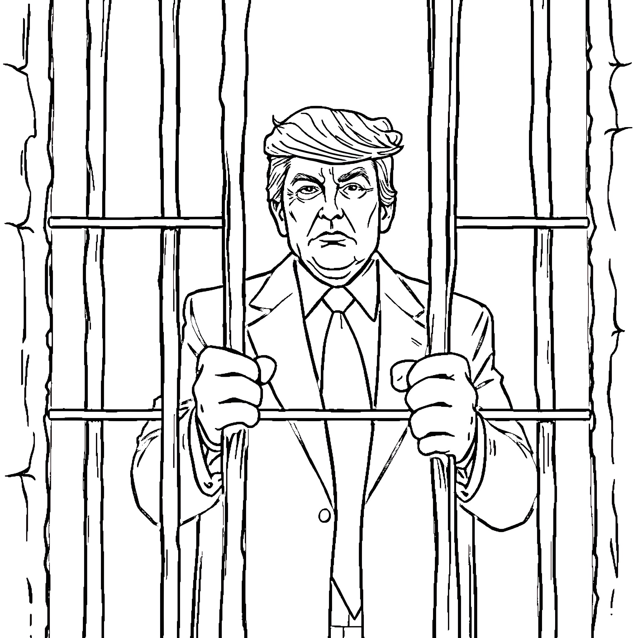 Donald Trump behind bars in prison Coloring Page (free black-and-white line drawing printable PDF for all, from beginners to advanced learners, including children, teens, adults, and seniors)