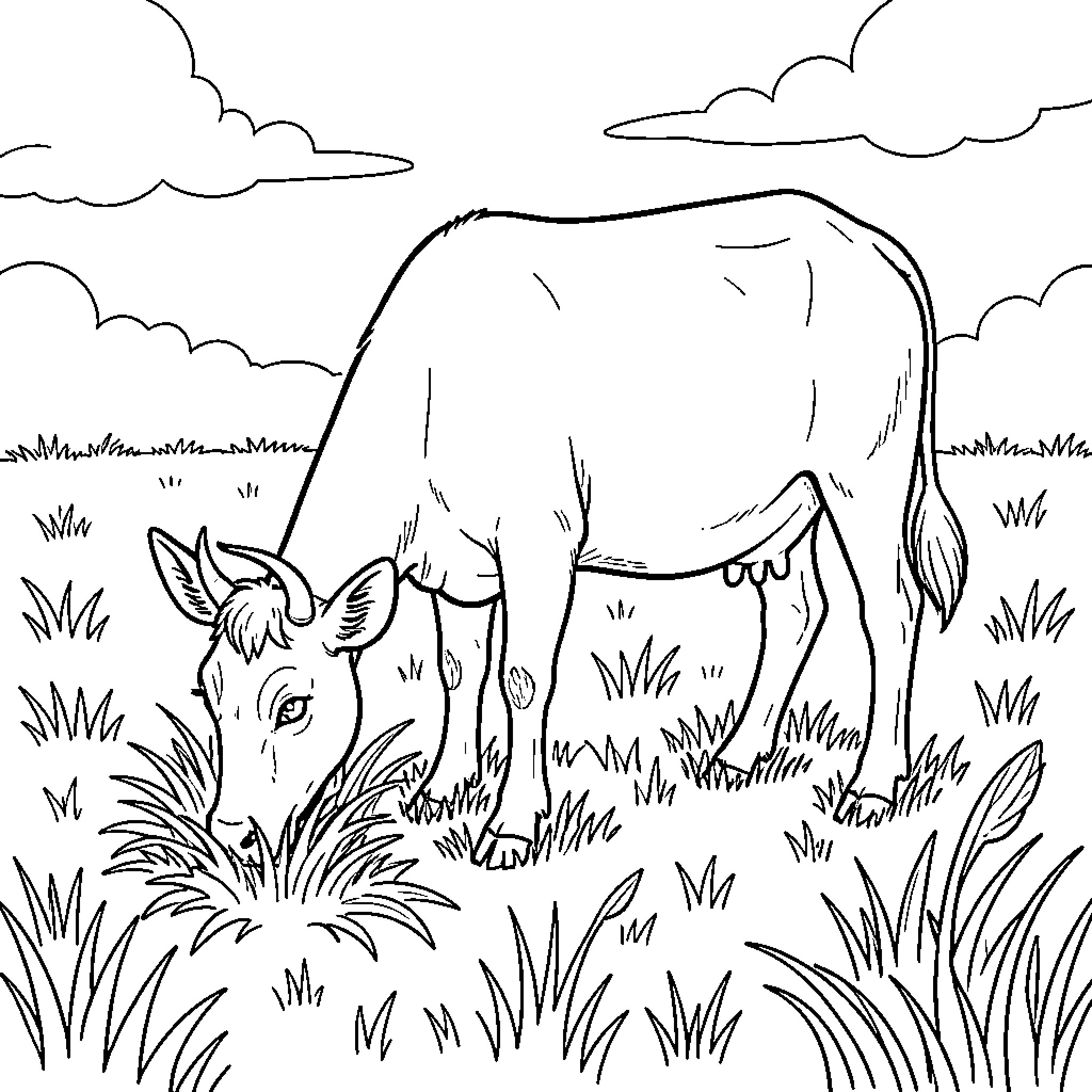 Animal grazing peacefully in a grassy field Coloring Page (free black-and-white line drawing printable PDF for all, from beginners to advanced learners, including children, teens, adults, and seniors)