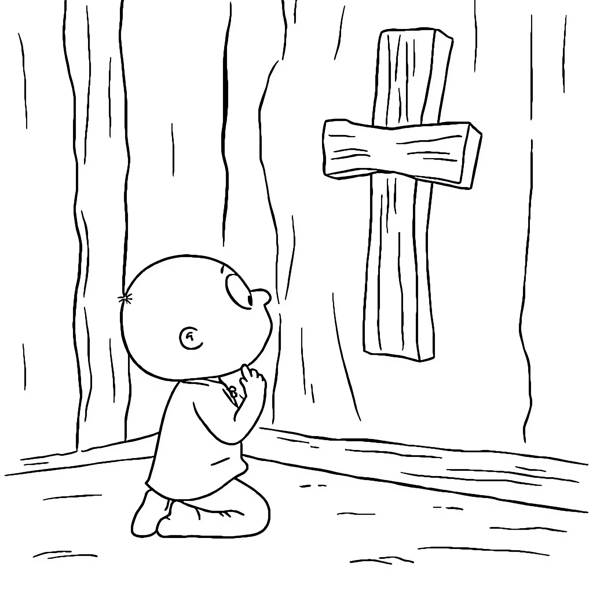 Stewie prays before the wooden cross Coloring Page (free black-and-white line drawing printable PDF for all, from beginners to advanced learners, including children, teens, adults, and seniors)