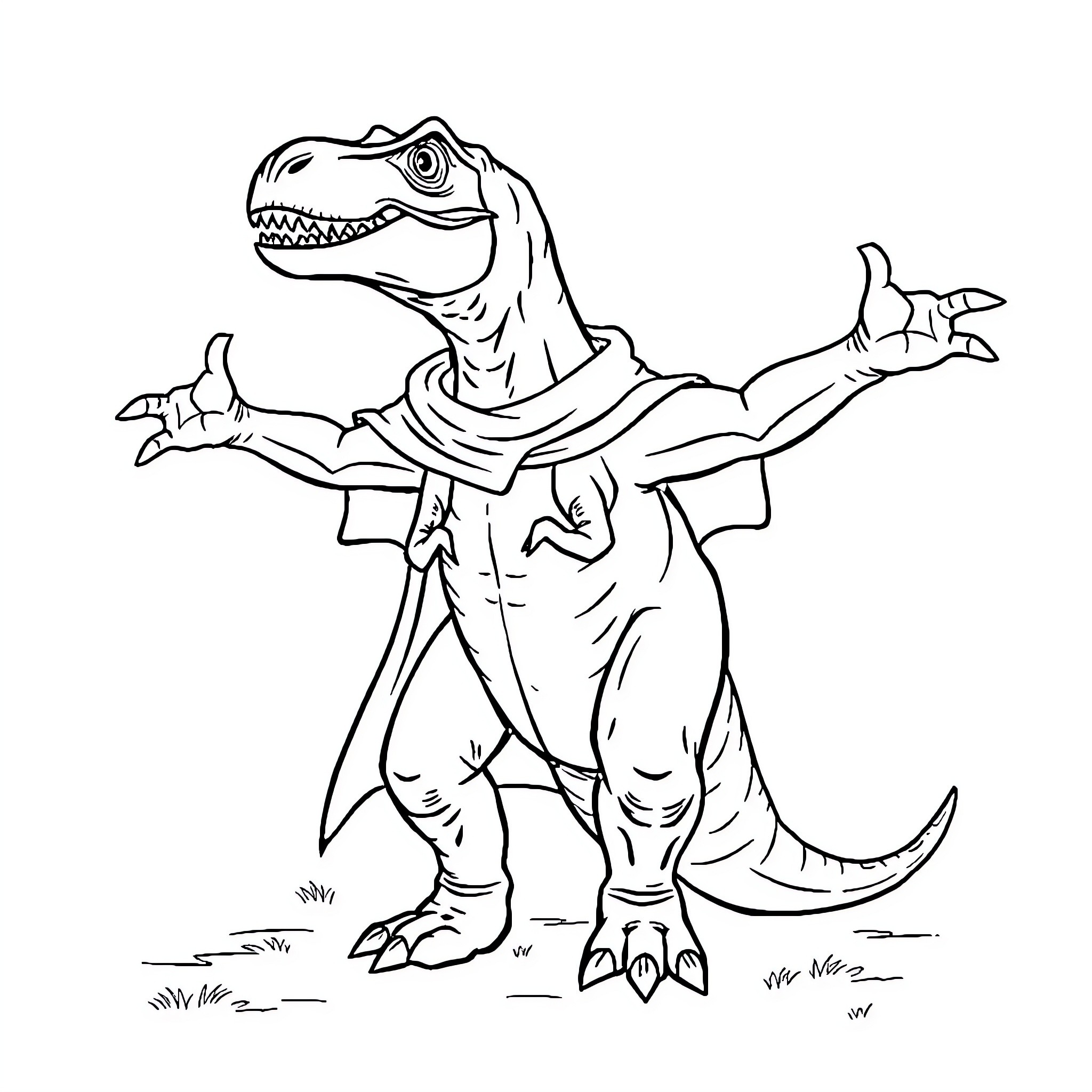 T-Rex Dino Strikes a Heroic Pose Coloring Page (free black-and-white line drawing printable PDF for all, from beginners to advanced learners, including children, teens, adults, and seniors)