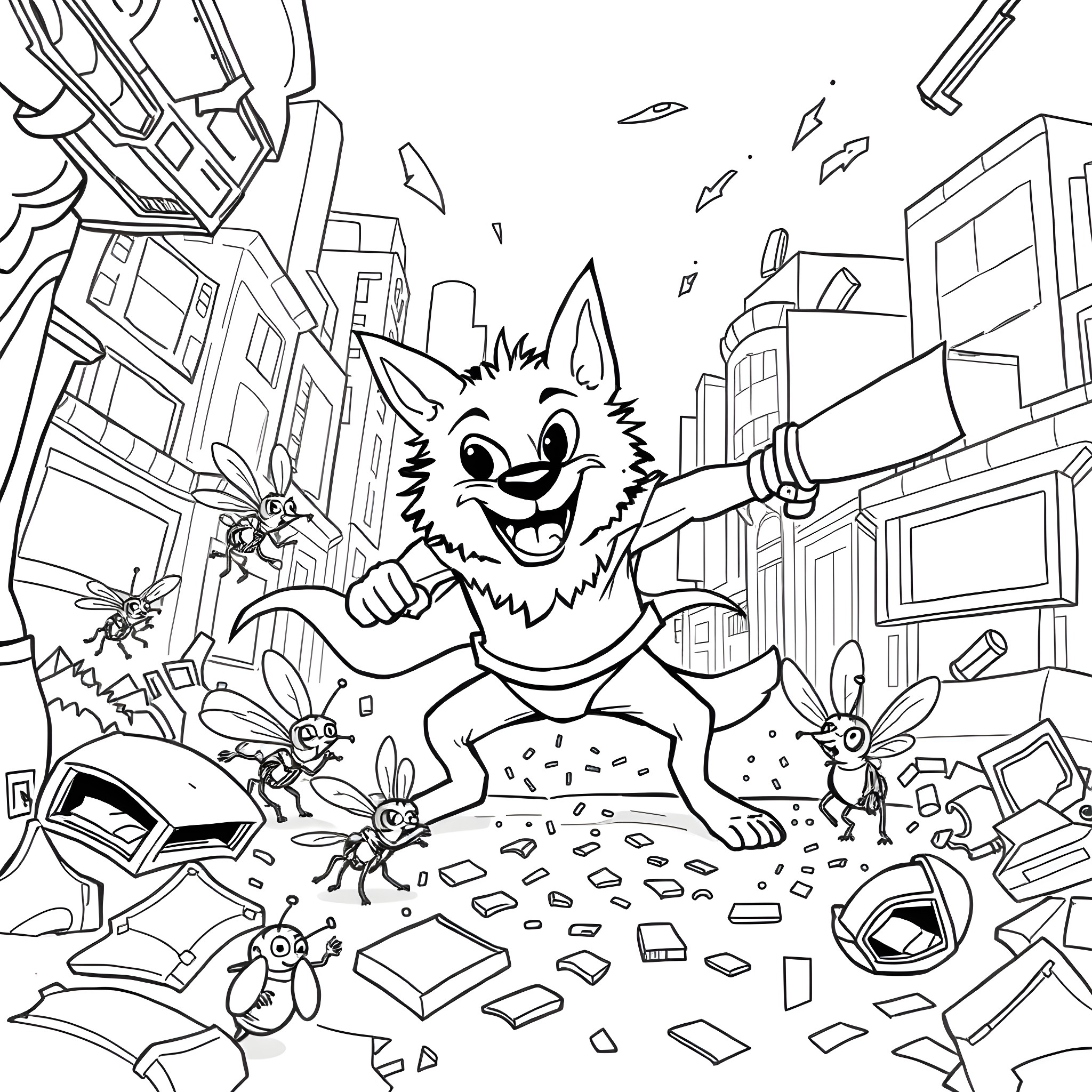 Flea chasing and catching mischievous insects in the city Coloring Page (free black-and-white line drawing printable PDF for all, from beginners to advanced learners, including children, teens, adults, and seniors)