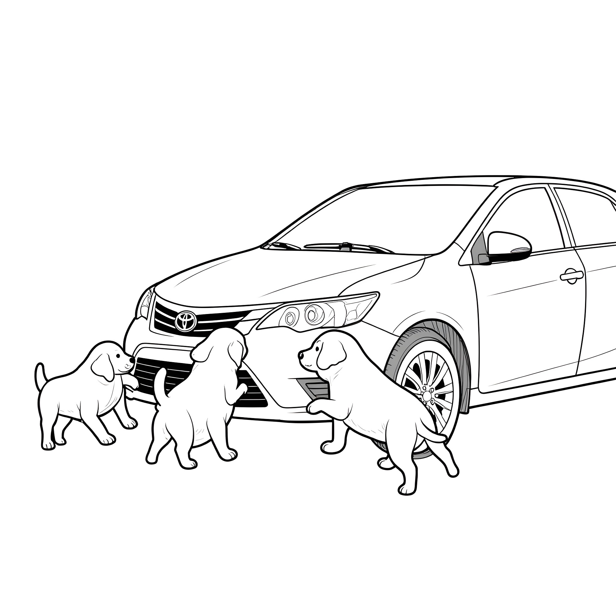 Puppies playing with car Coloring Page (free black-and-white line drawing printable PDF for all, from beginners to advanced learners, including children, teens, adults, and seniors)