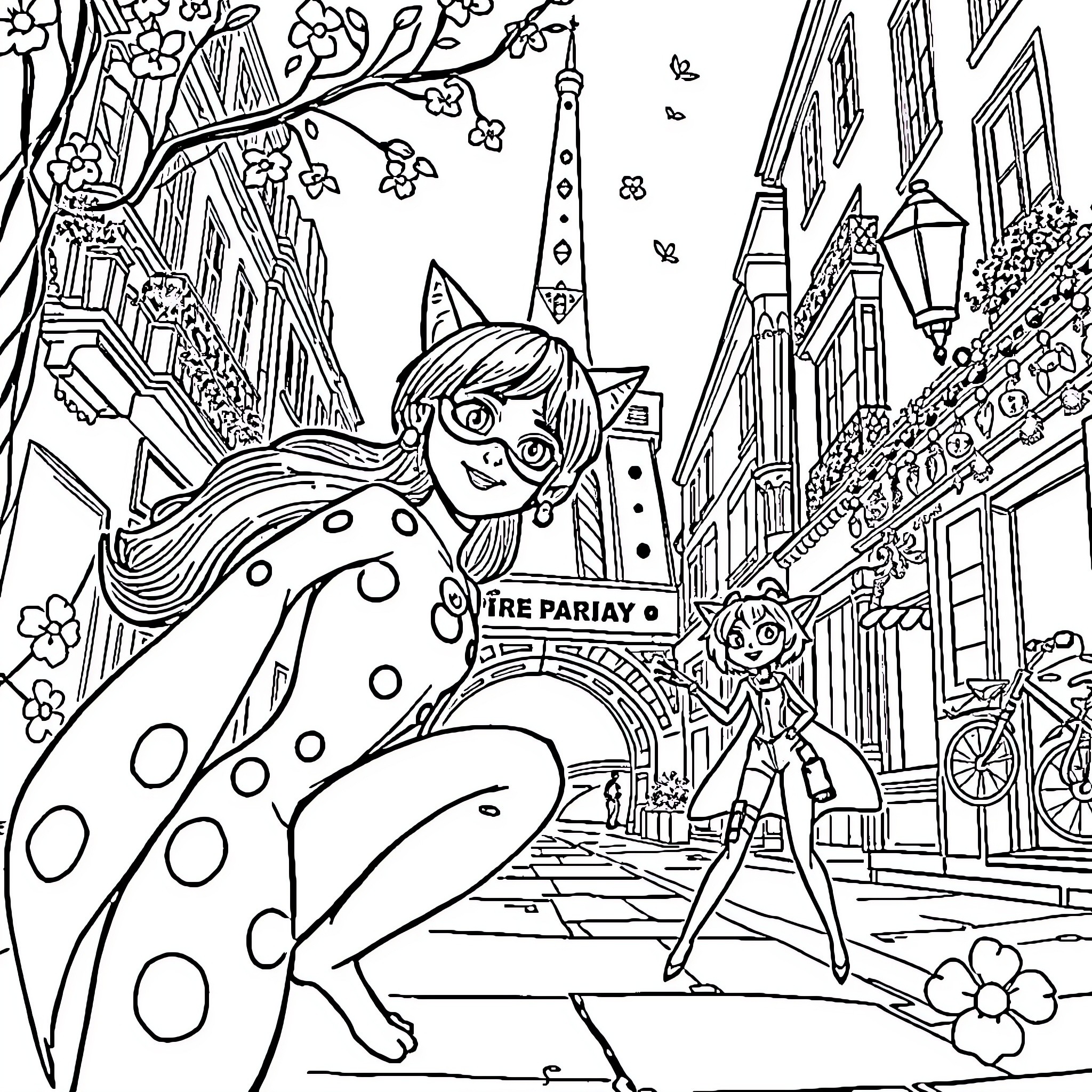 Ladybug explores the vibrant streets of Paris Coloring Page (free black-and-white line drawing printable PDF for all, from beginners to advanced learners, including children, teens, adults, and seniors)